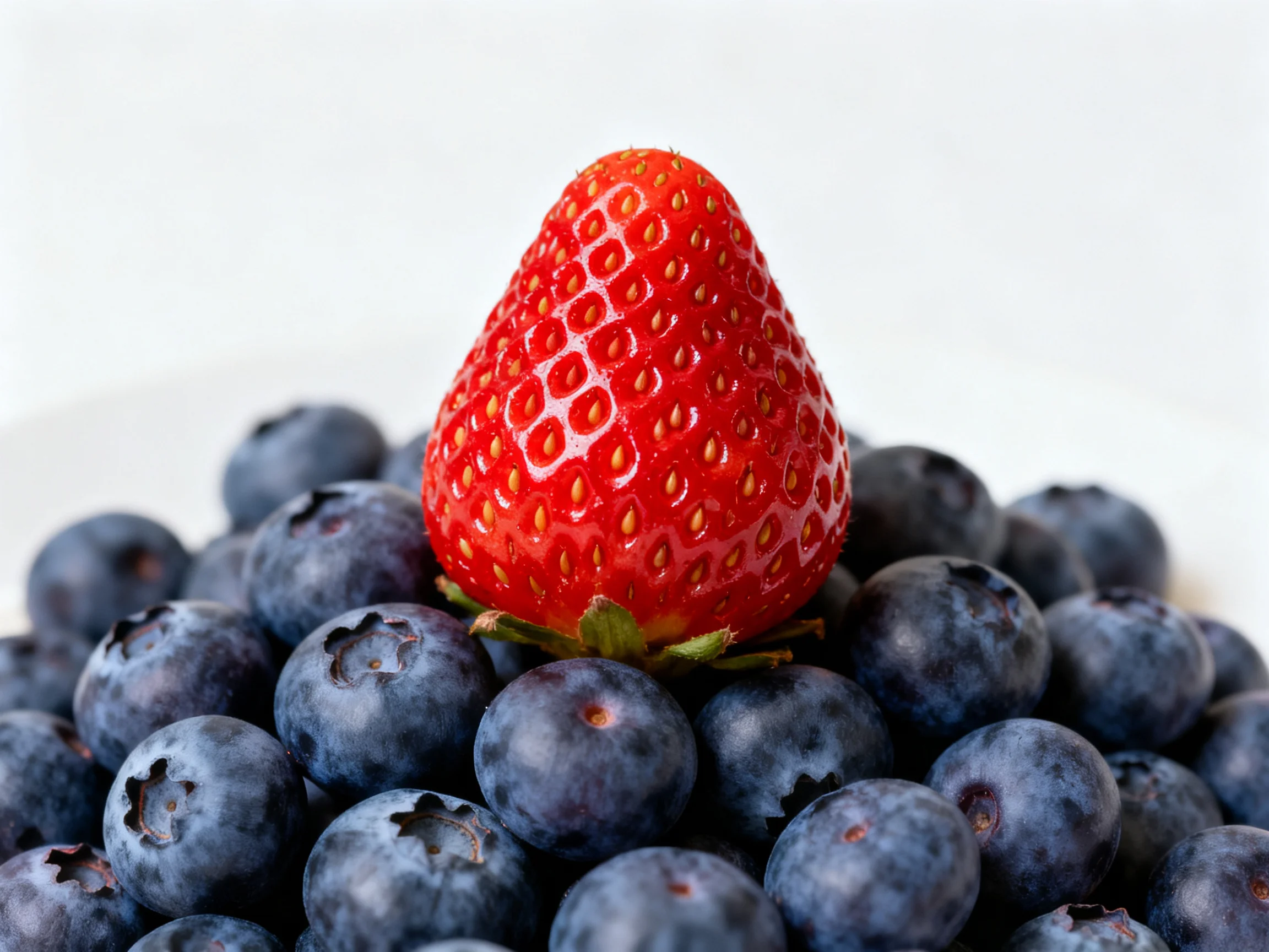 A single bright red strawberry is positioned on top of numerous dark blue blueberries.