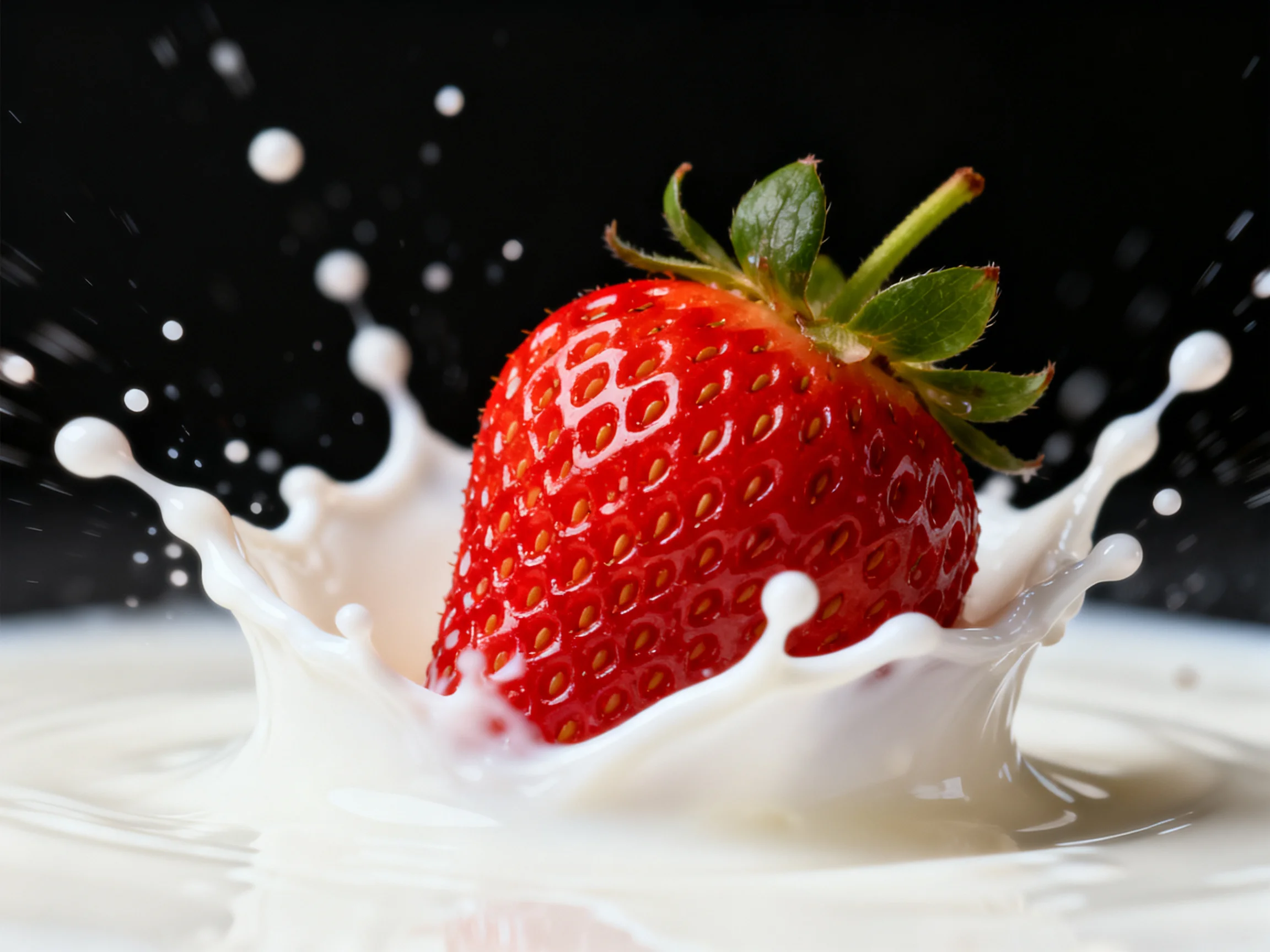 A single bright red strawberry splashing into white milk