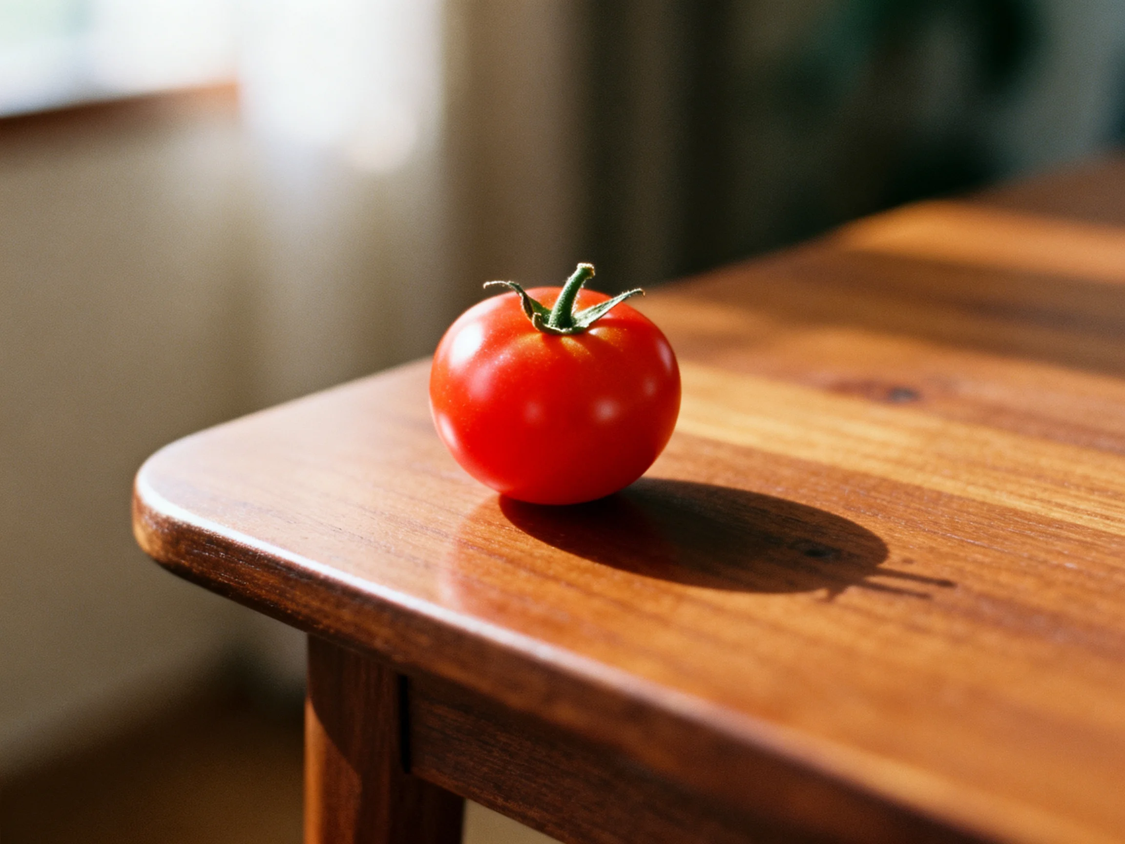A single bright red tomato rests on a polished wooden table.