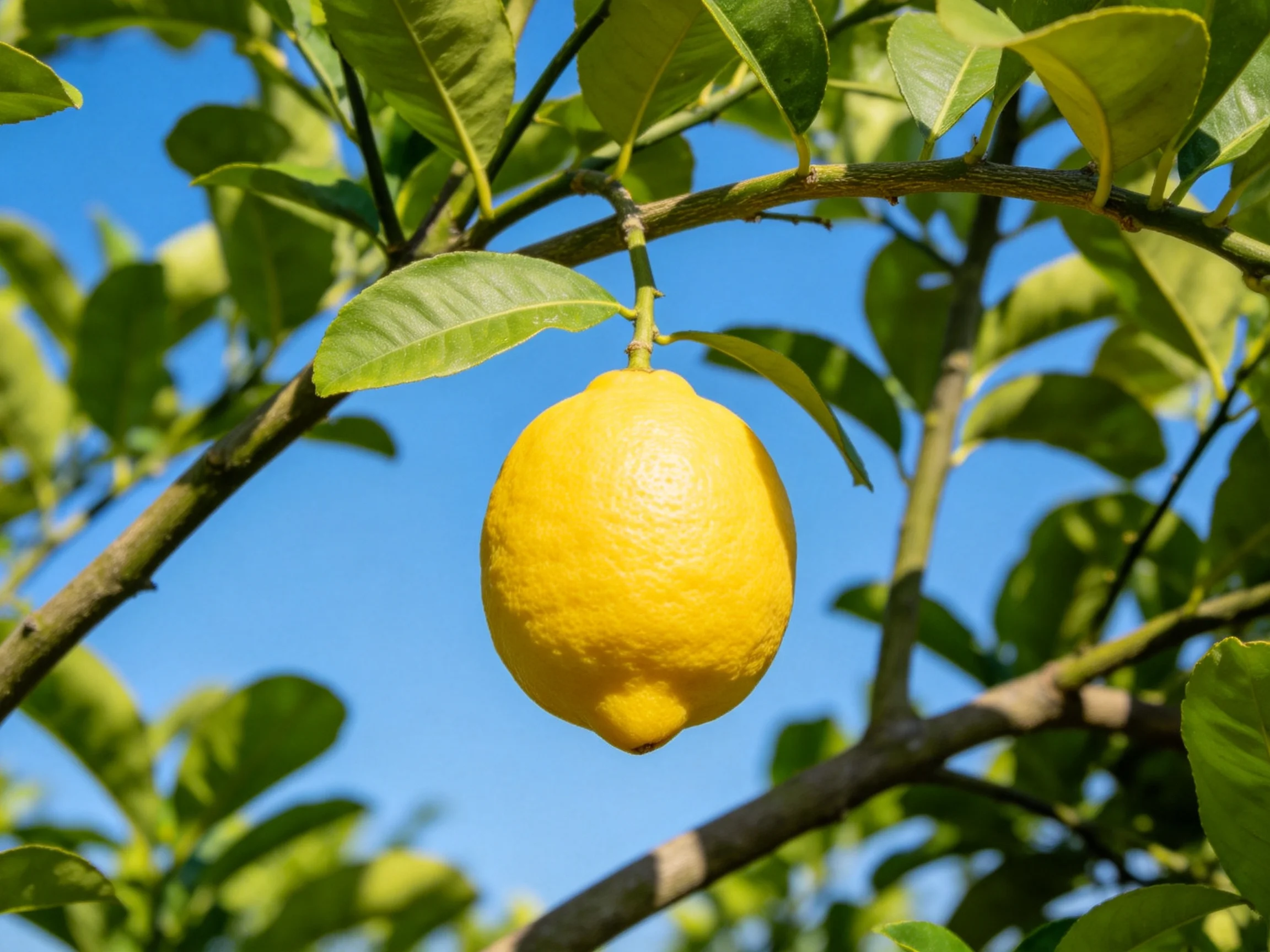 A single bright yellow lemon dangles from a leafy citrus branch under a clear blue sky