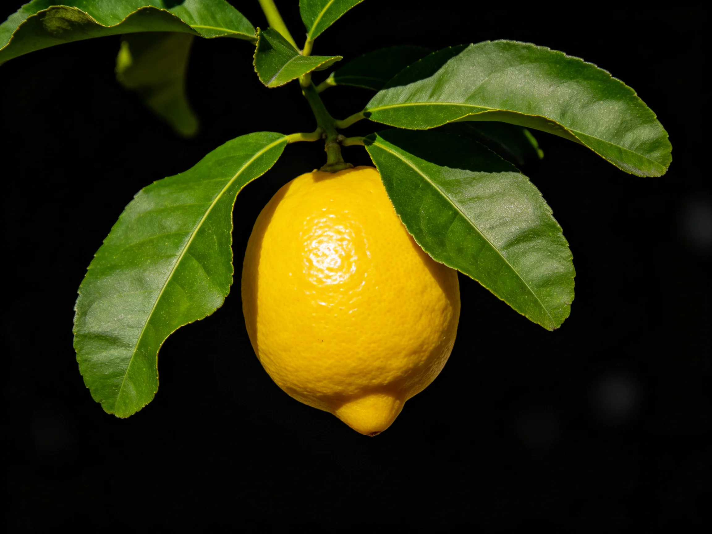 A single bright yellow lemon hangs among glossy green leaves