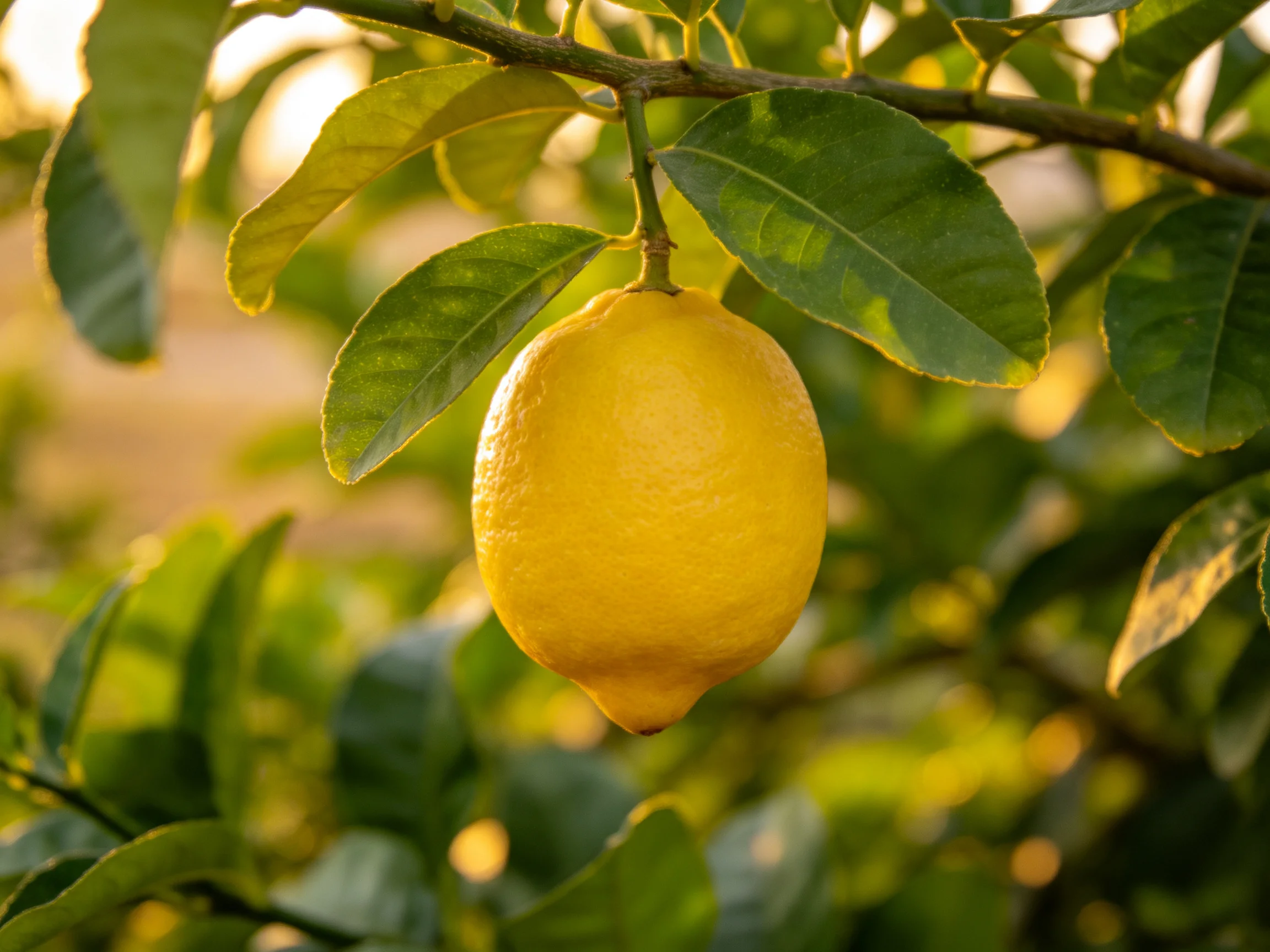 A single bright yellow lemon hangs from a leafy citrus branch