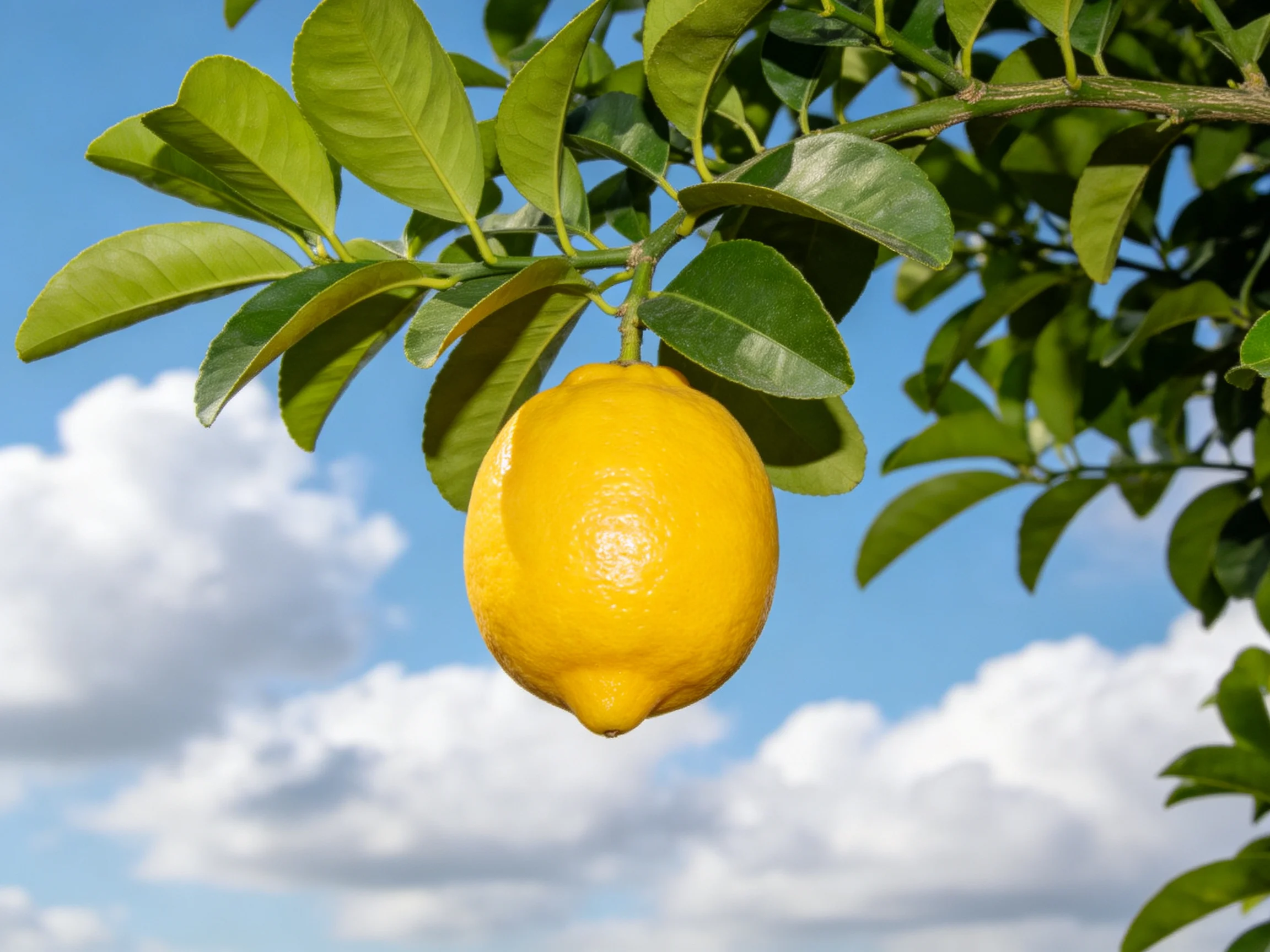 A single bright yellow lemon hangs from a leafy citrus branch