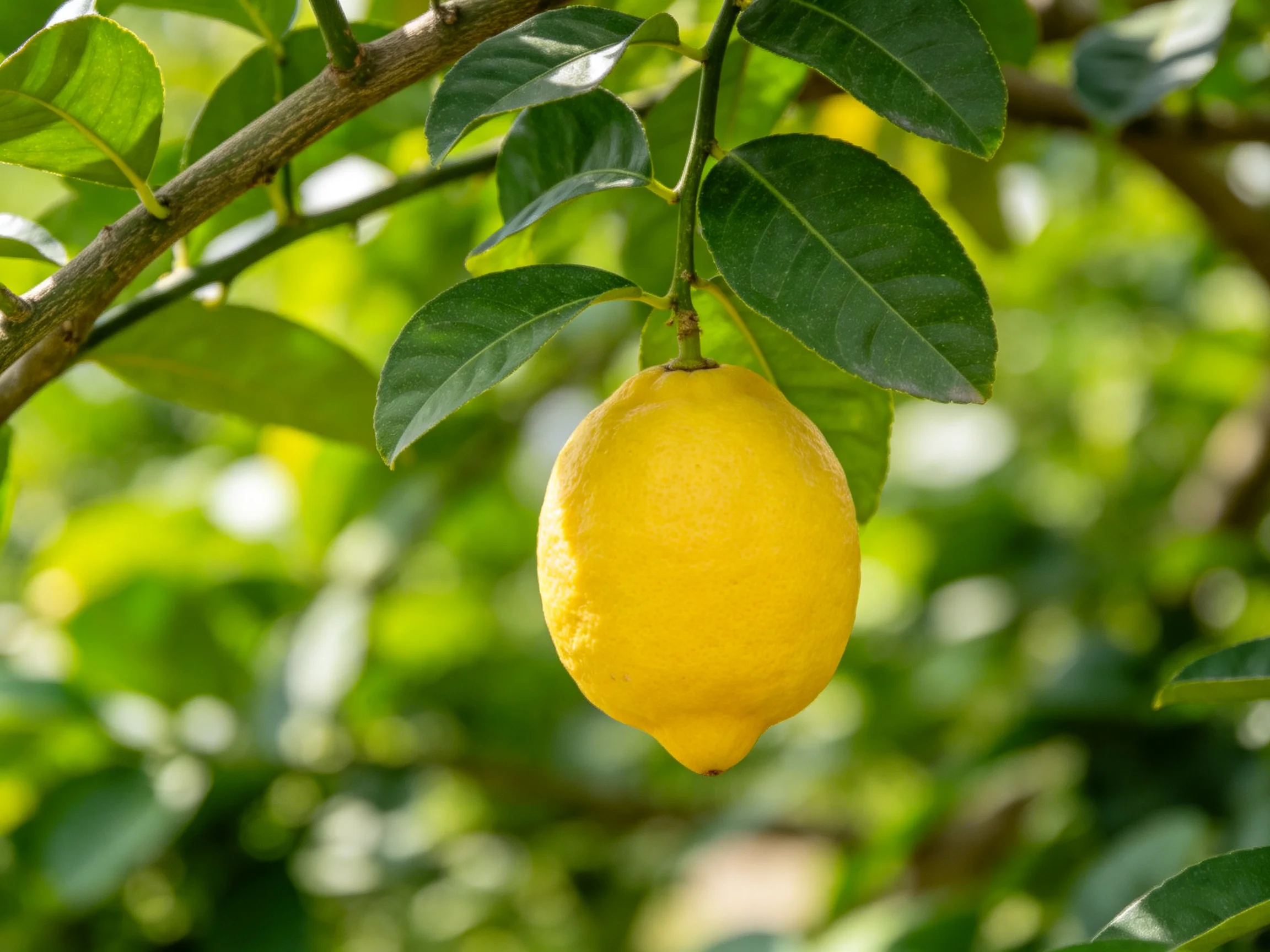 A single bright yellow lemon hangs from a leafy citrus branch