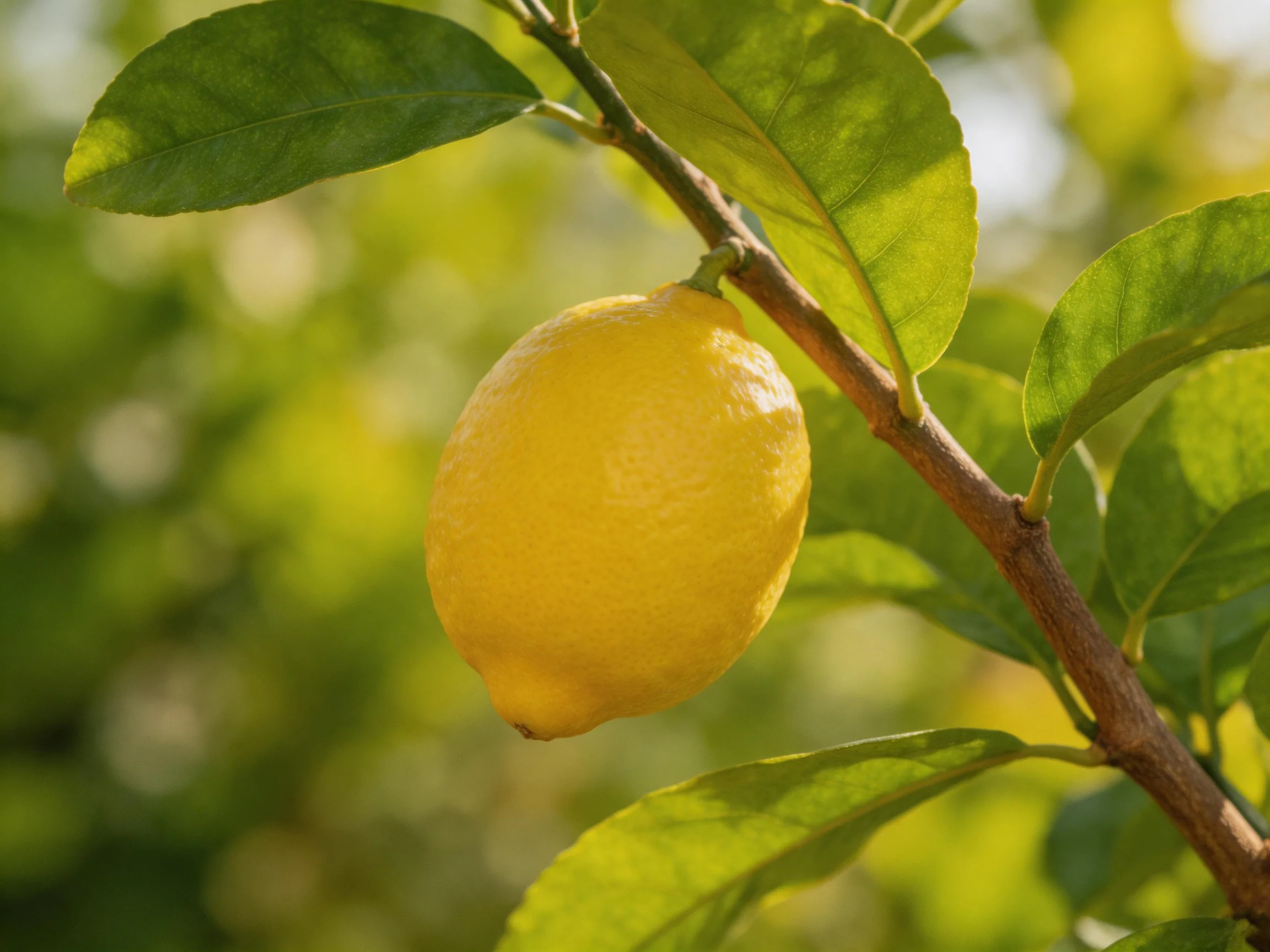 A single bright yellow lemon hangs from a tree branch amid lush green leaves