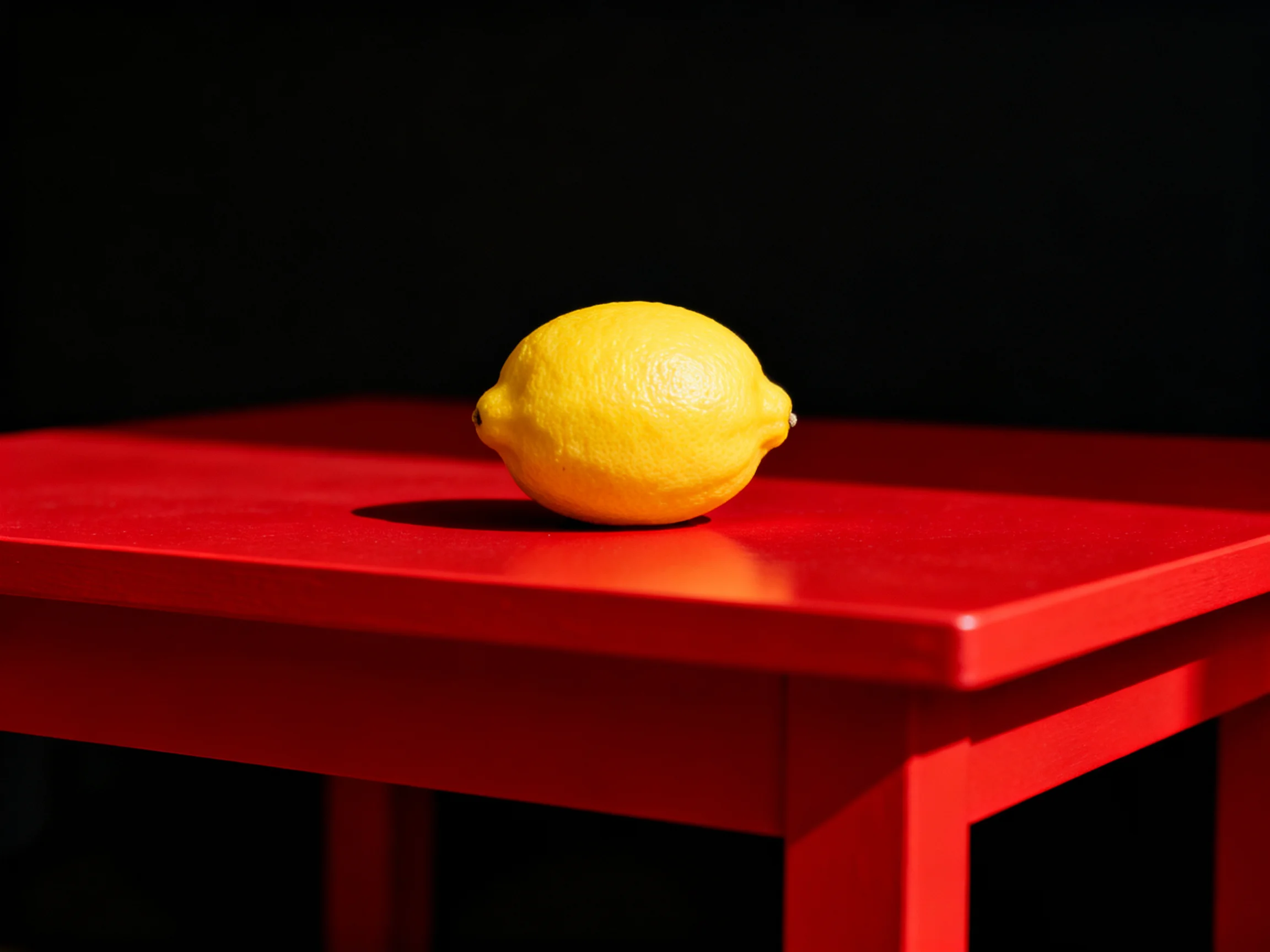 A single bright yellow lemon rests on a vivid red table