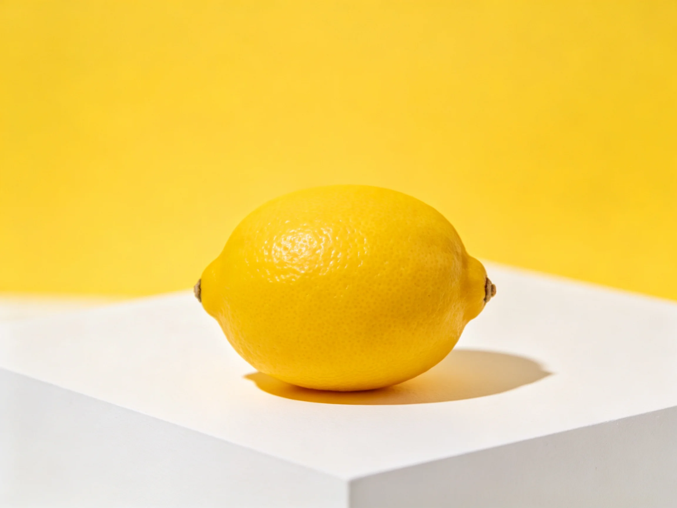A single bright yellow lemon sits atop a white platform against a yellow backdrop