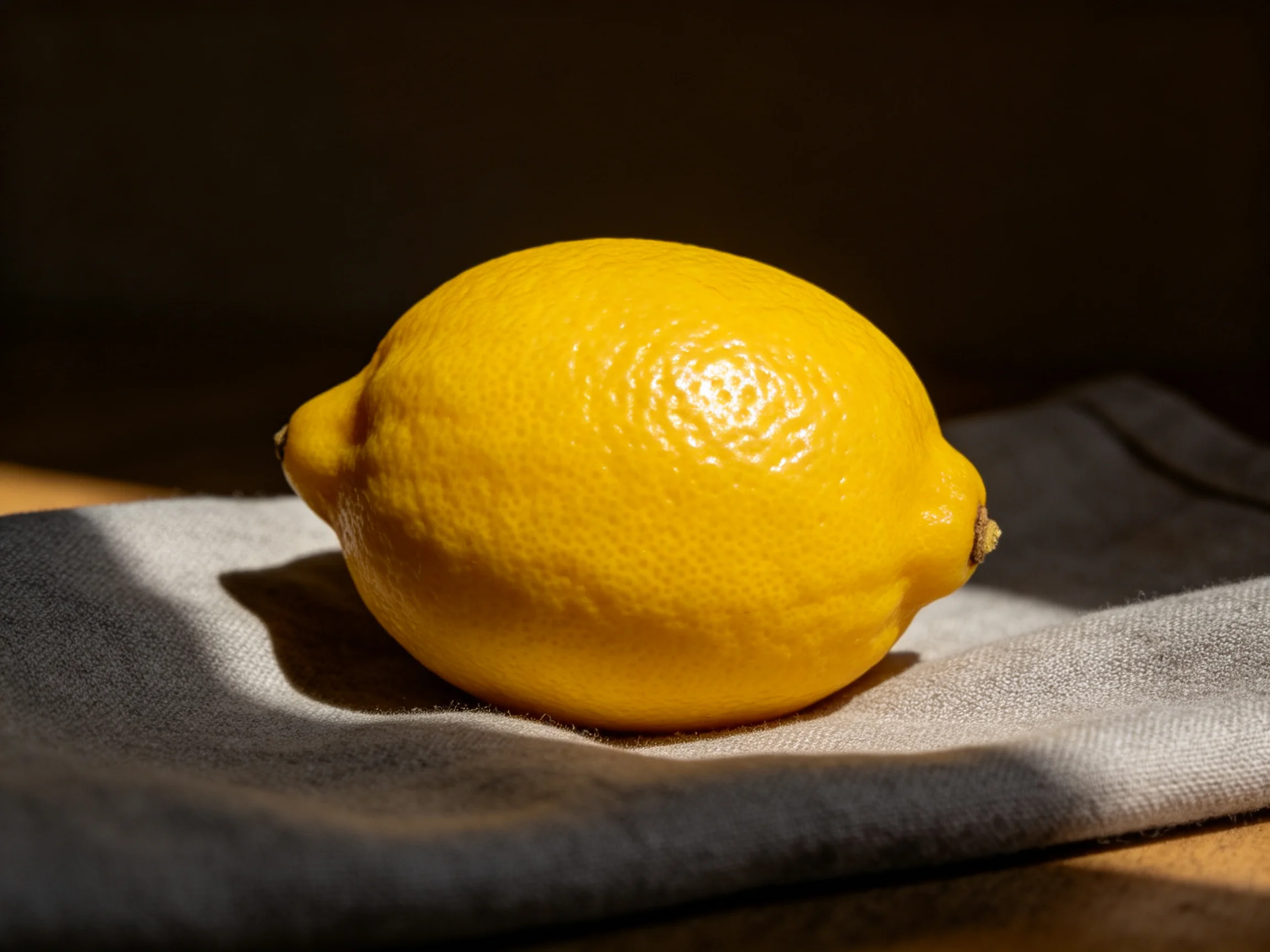 A single bright yellow lemon sits on a textured gray cloth