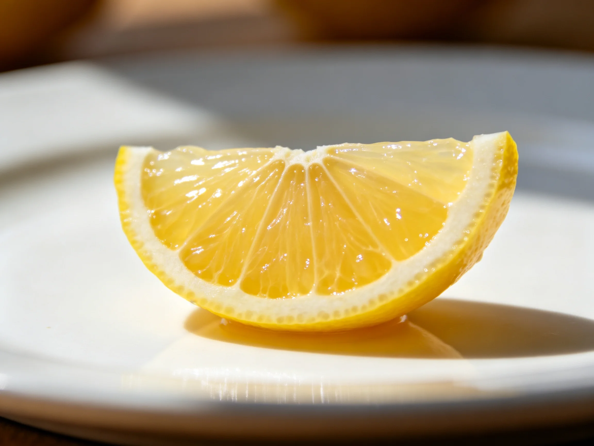 A single bright yellow lemon wedge on a white plate