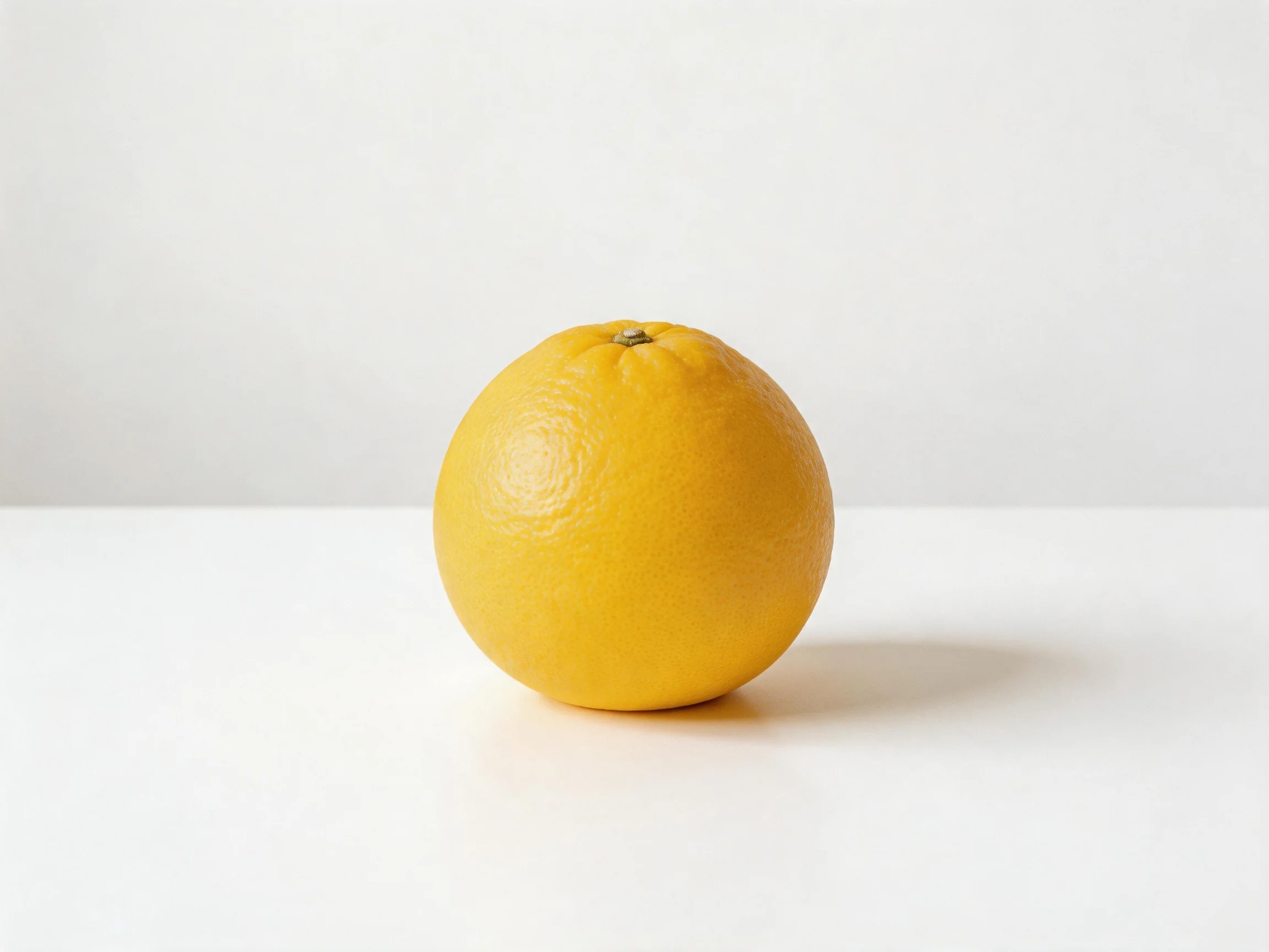 A single bright yellow orange centered on a plain white surface