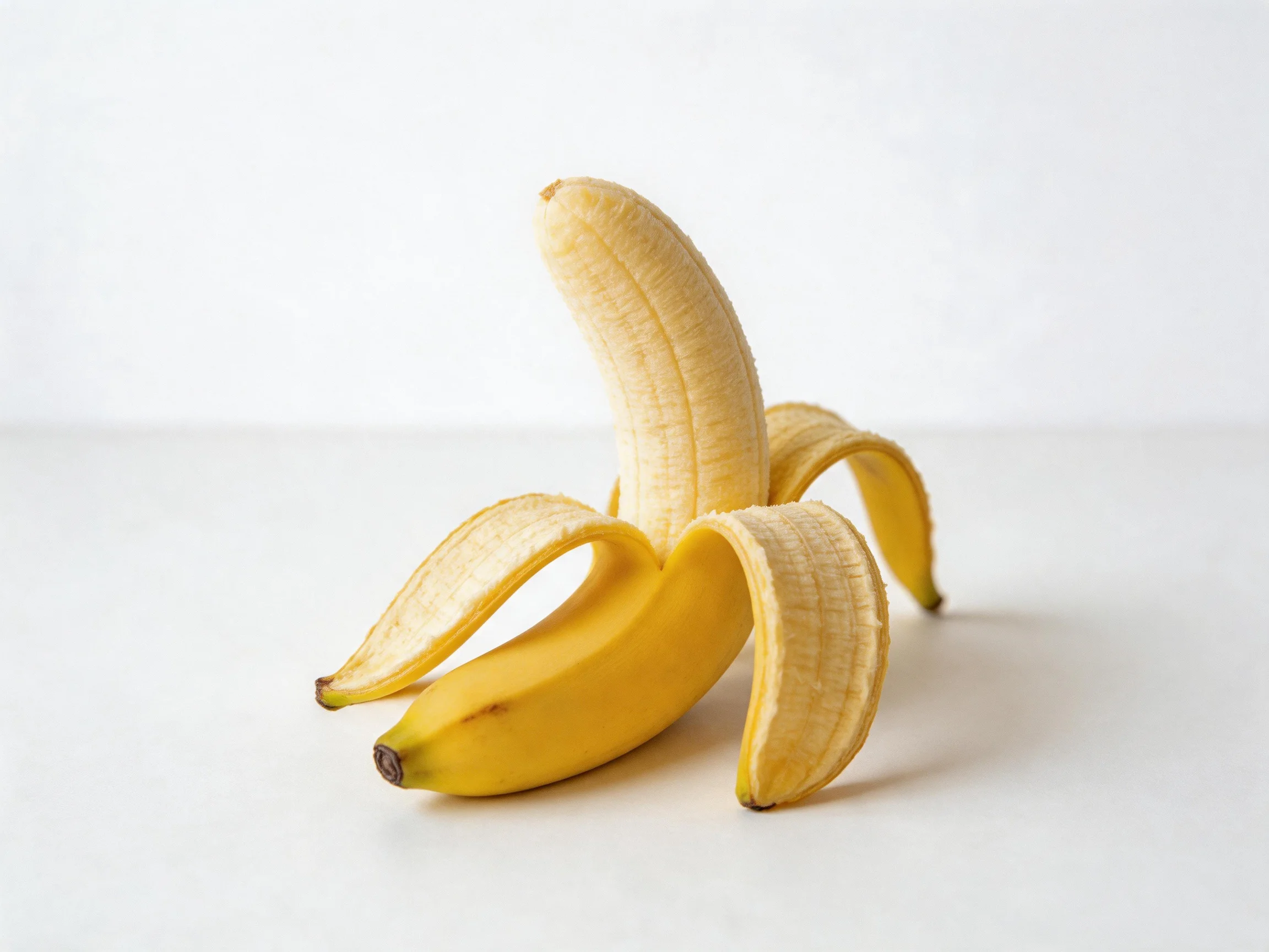 A single bright yellow peeled banana displayed on a plain white surface