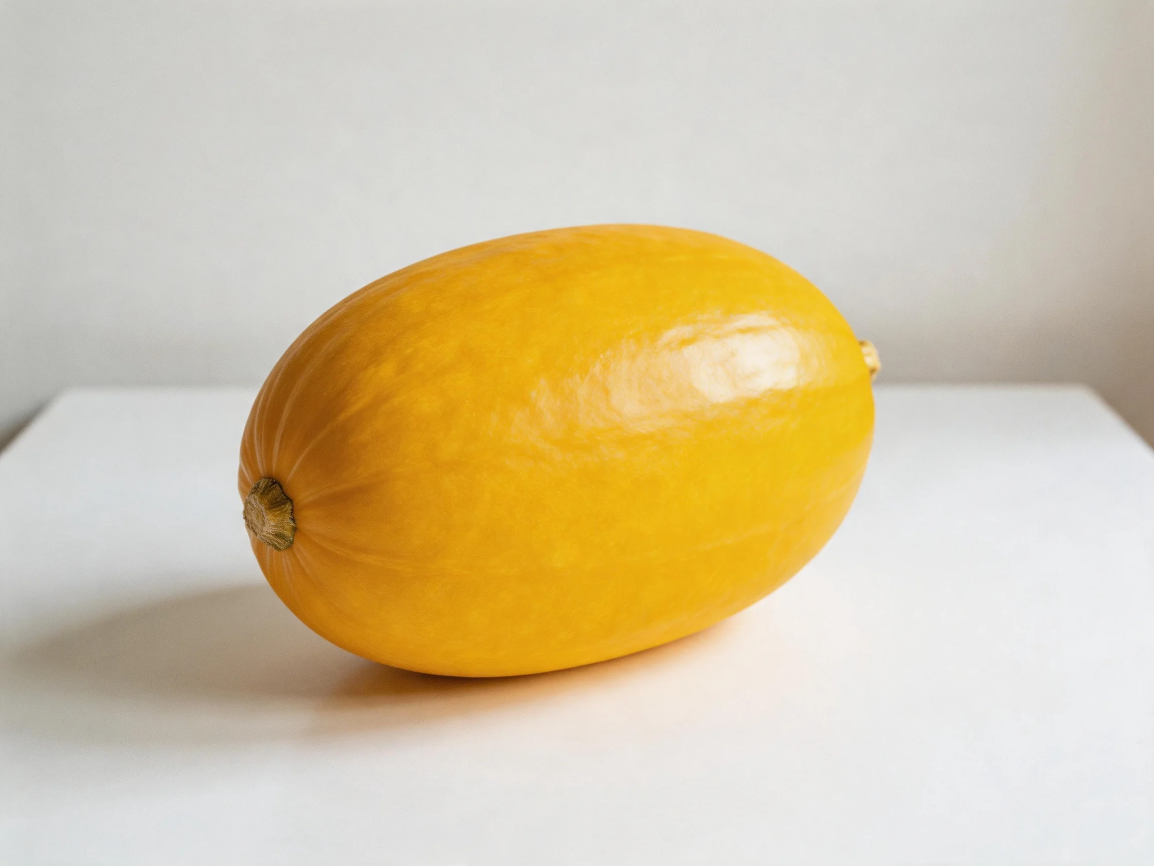 A single bright yellow squash resting on a white surface
