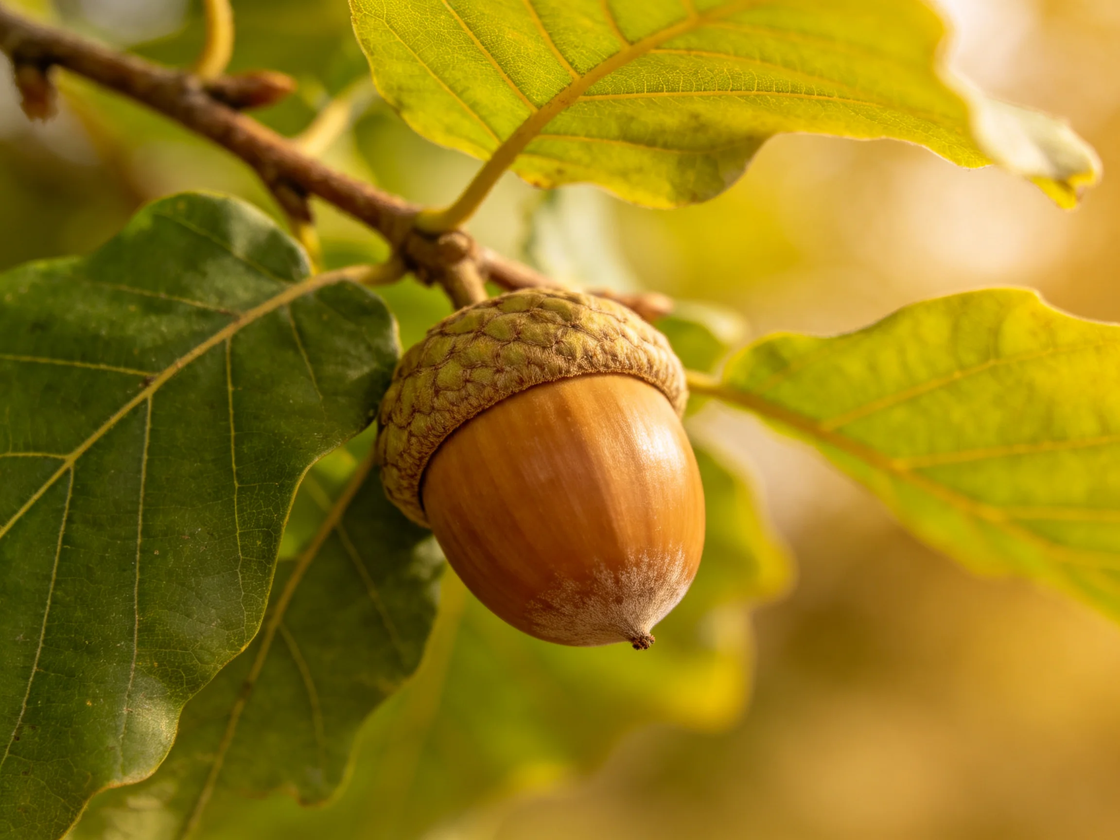 A single brown acorn hangs from a tree branch with vibrant green leaves