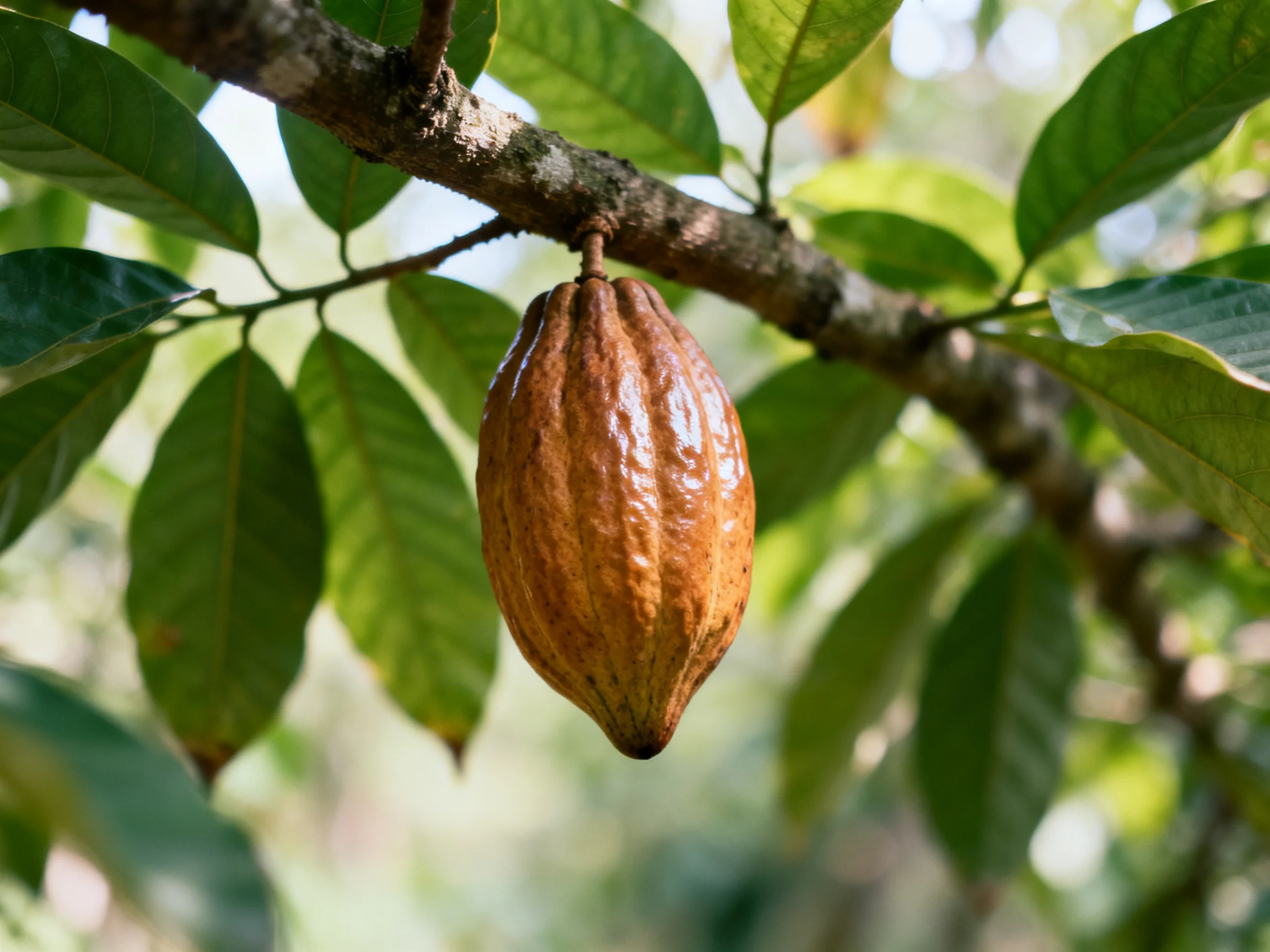 A single brown cacao pod hangs from a leafy tree branch