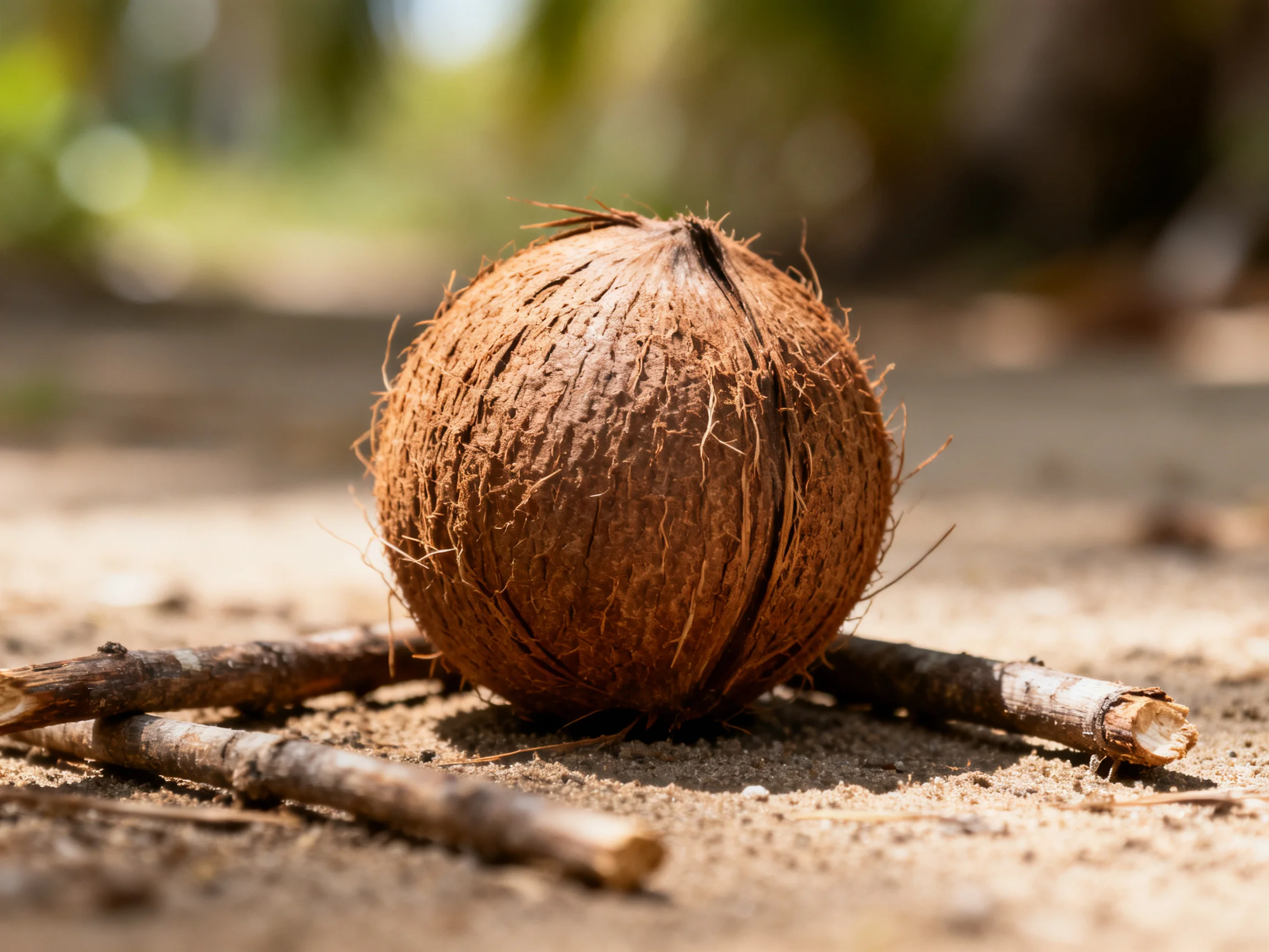A single brown coconut rests among twigs on sandy ground