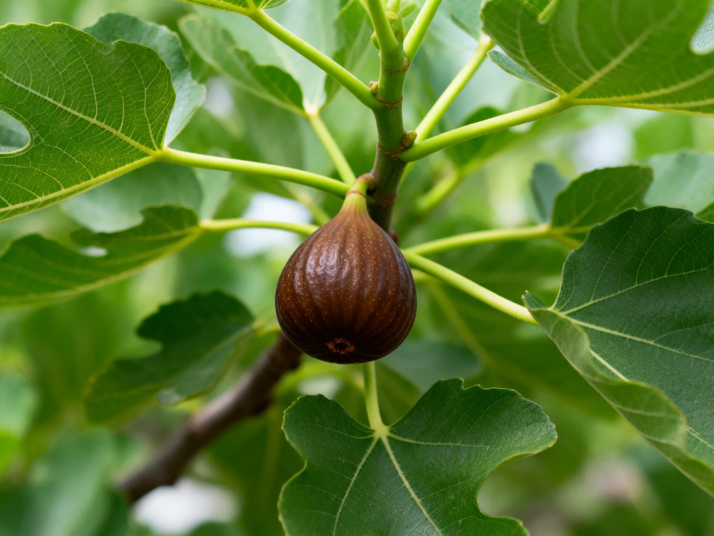 A single brown fig hangs from a leafy fig tree branch