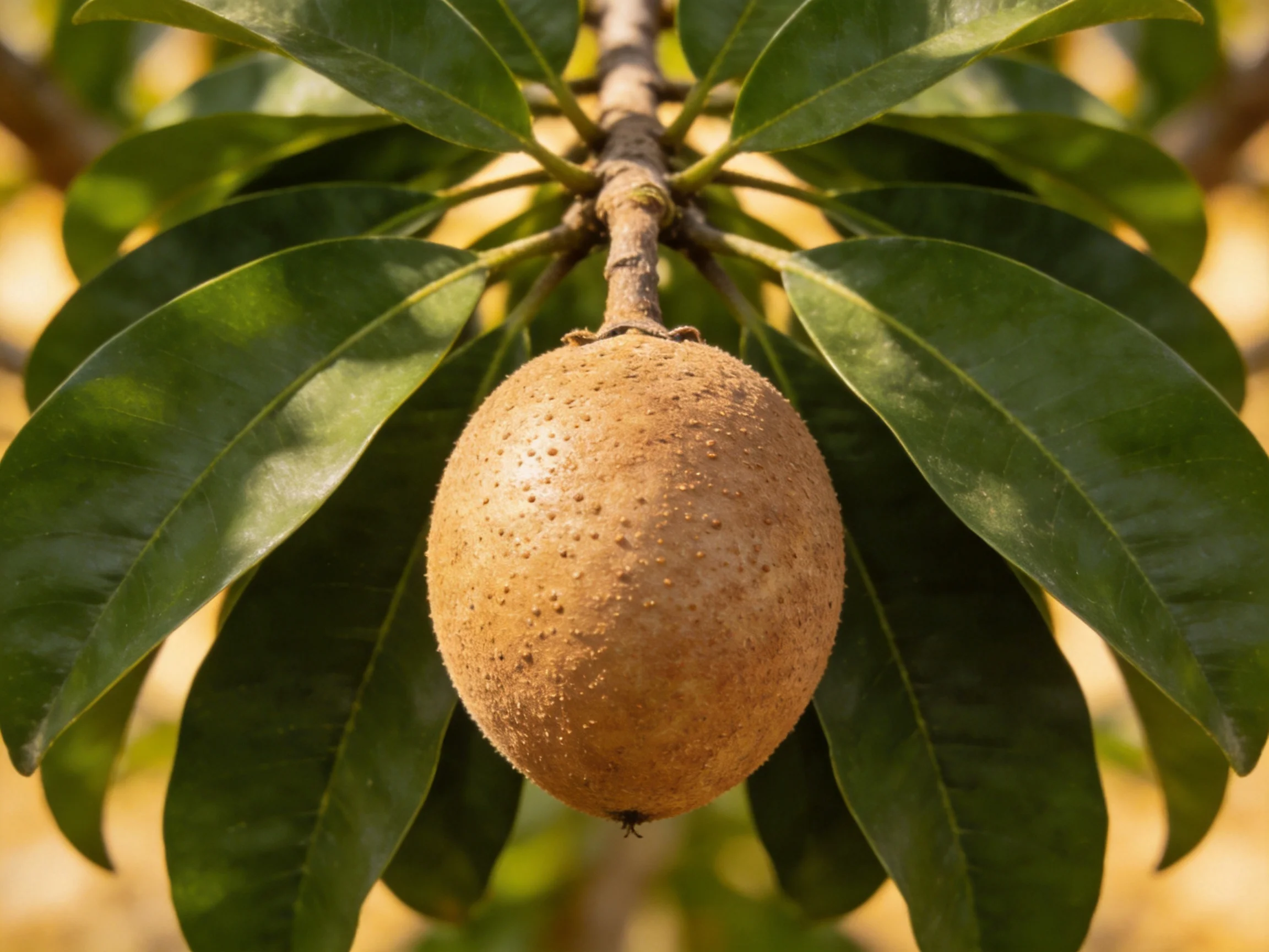 A single brown fruit hangs amid broad green leaves on a tree