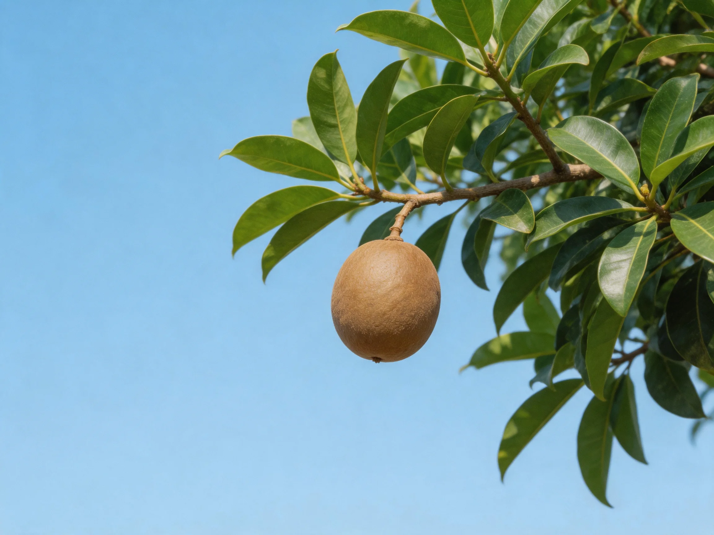 A single brown fruit hangs from a branch with glossy green leaves