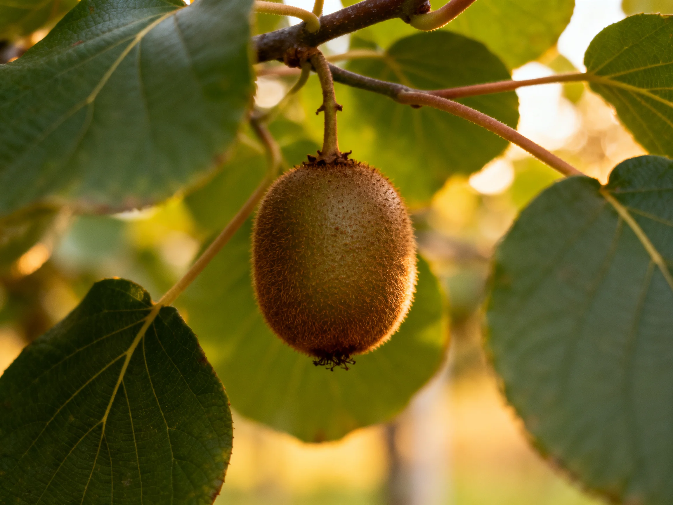 A single brown kiwi hangs among large green leaves on a tree branch