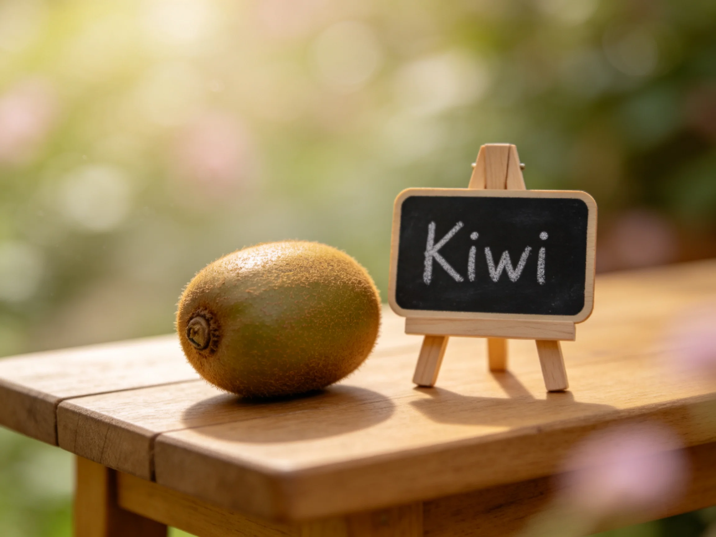 A single brown kiwi sits beside a small blackboard sign on a wooden table
