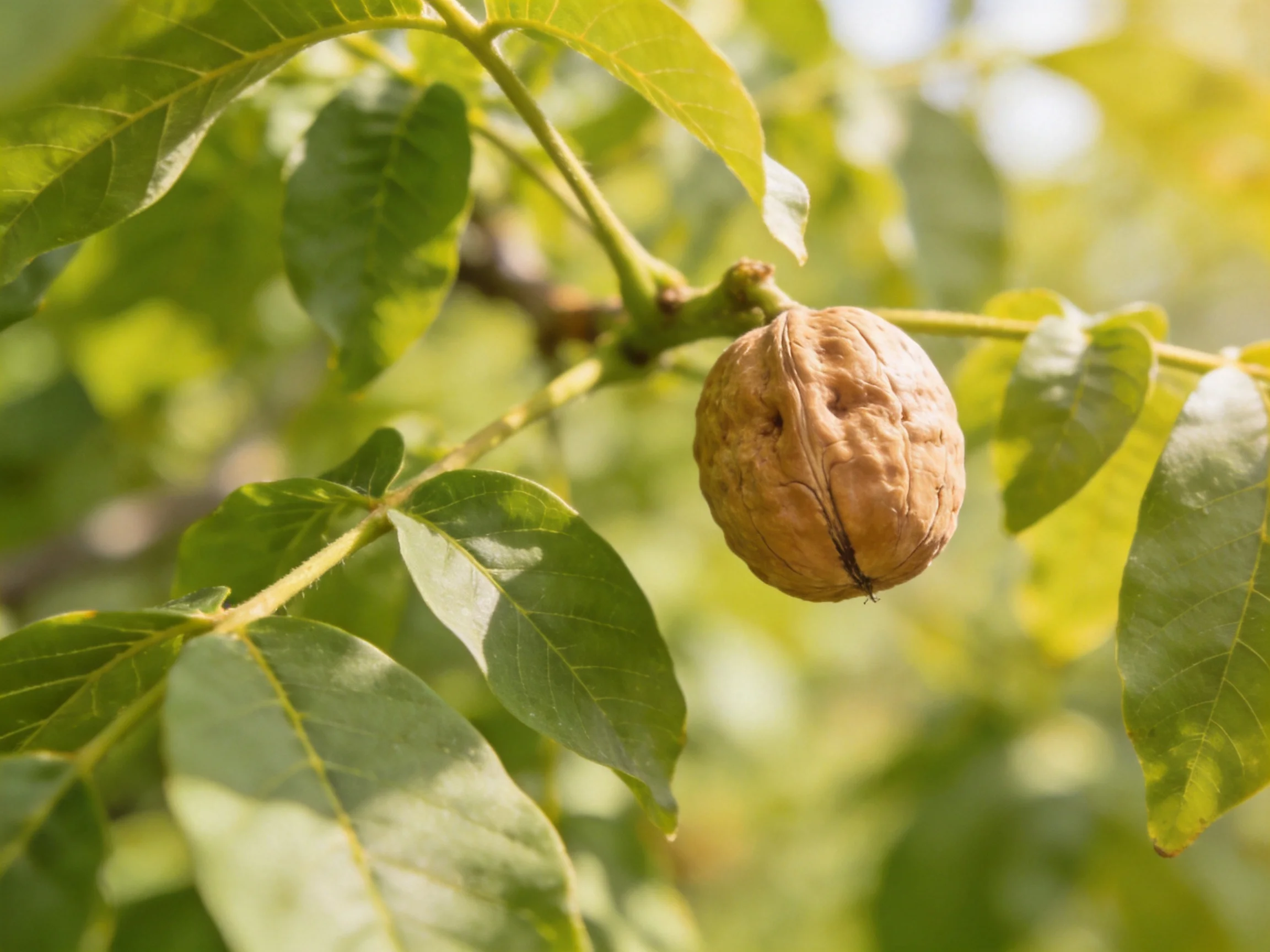 A single brown walnut dangles from a leafy branch