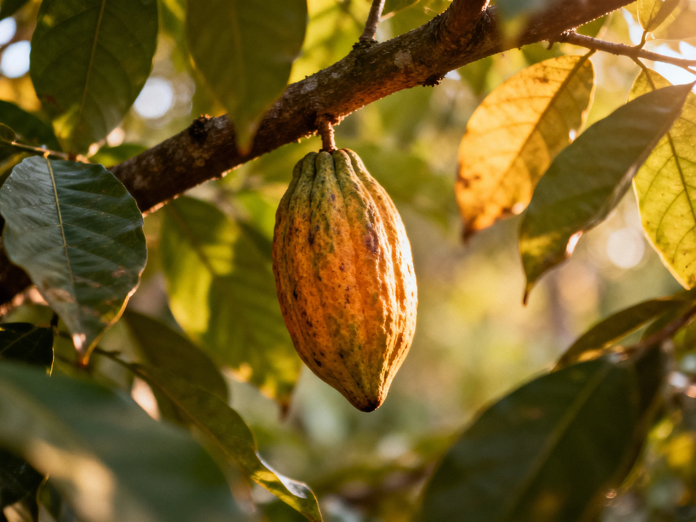A single cocoa pod hangs from a brown tree branch amid green foliage