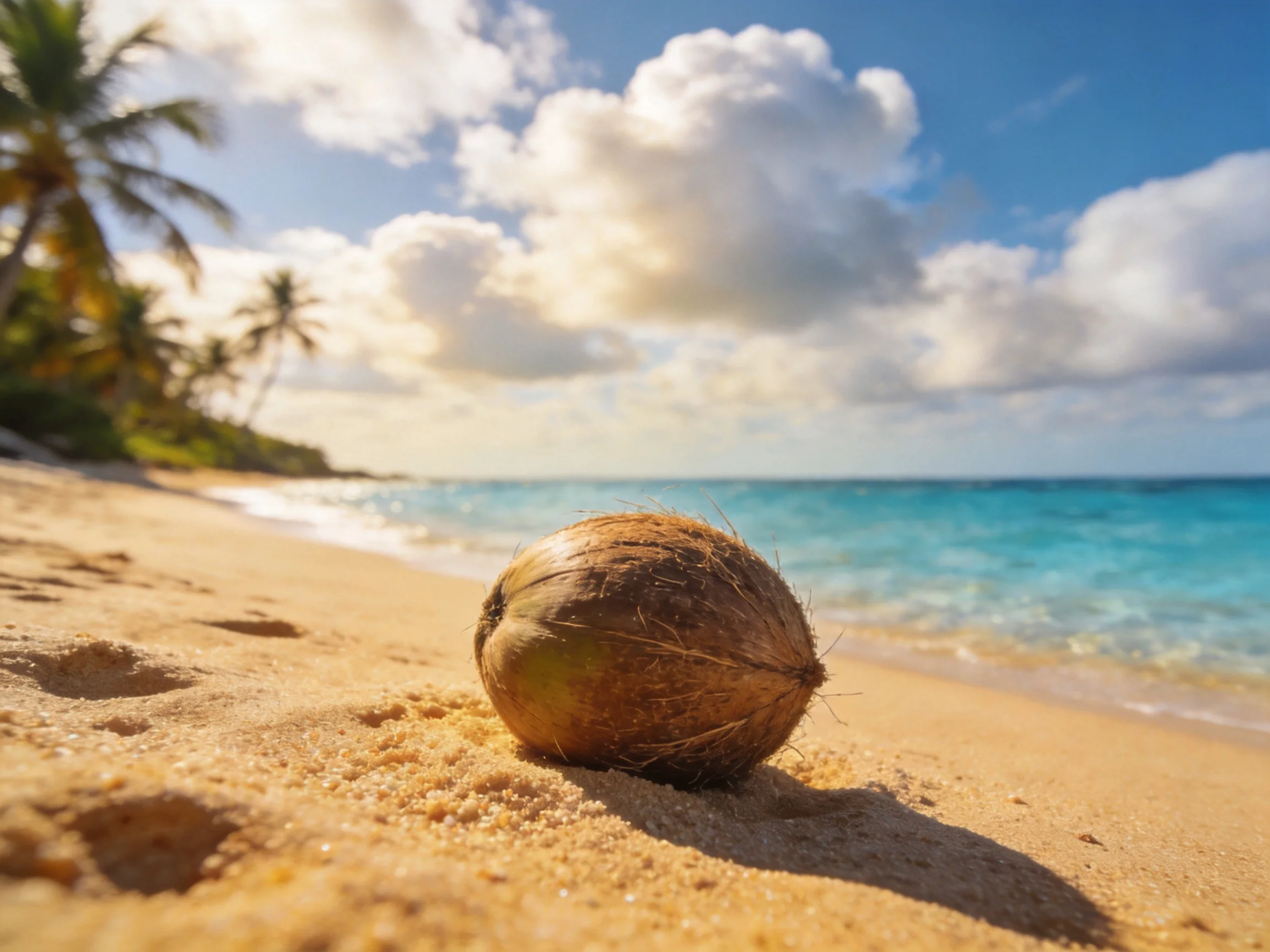 A single coconut rests on golden sand near turquoise waters