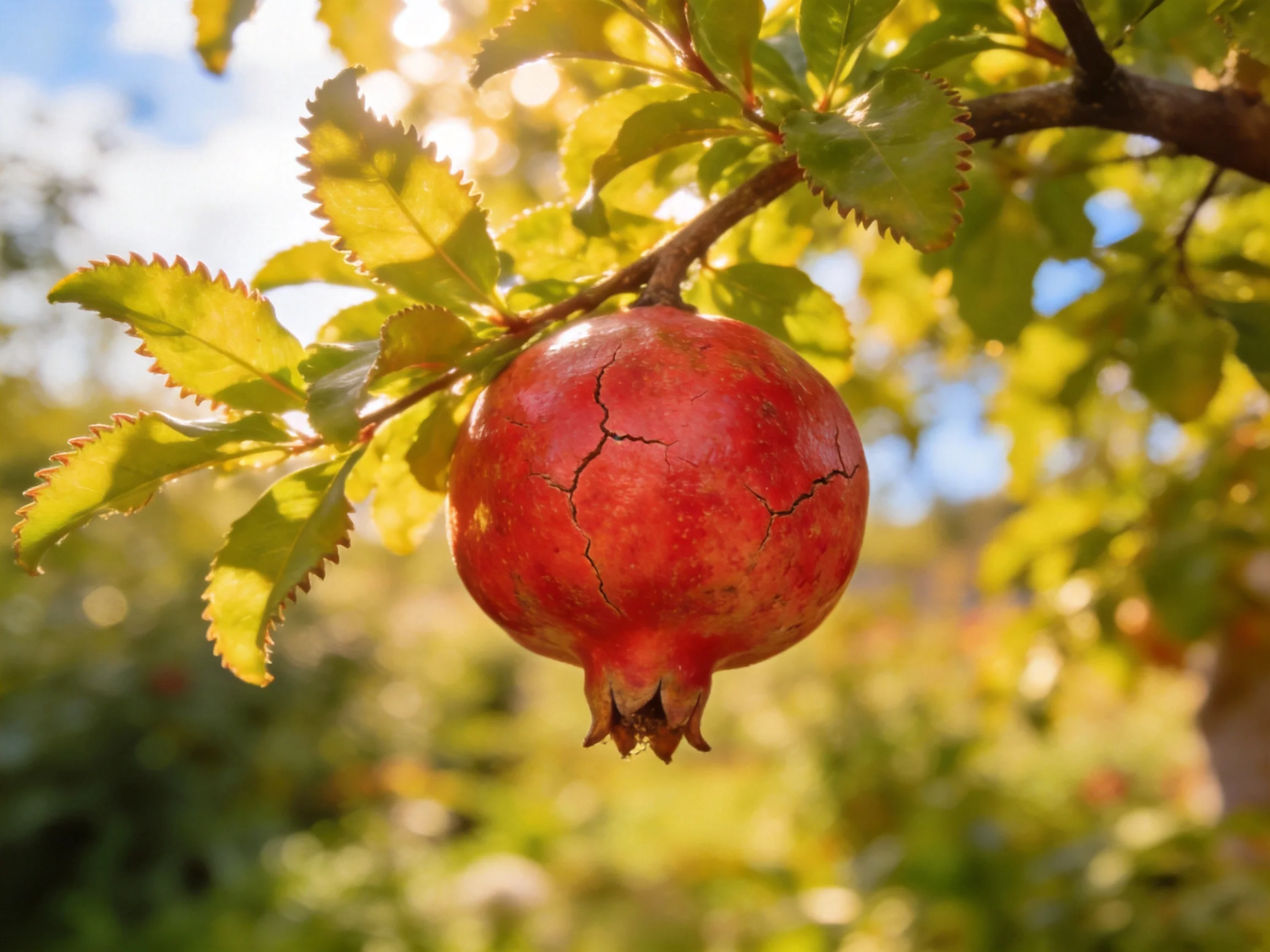 A single cracked red pomegranate hangs from a leafy branch in golden sunlight