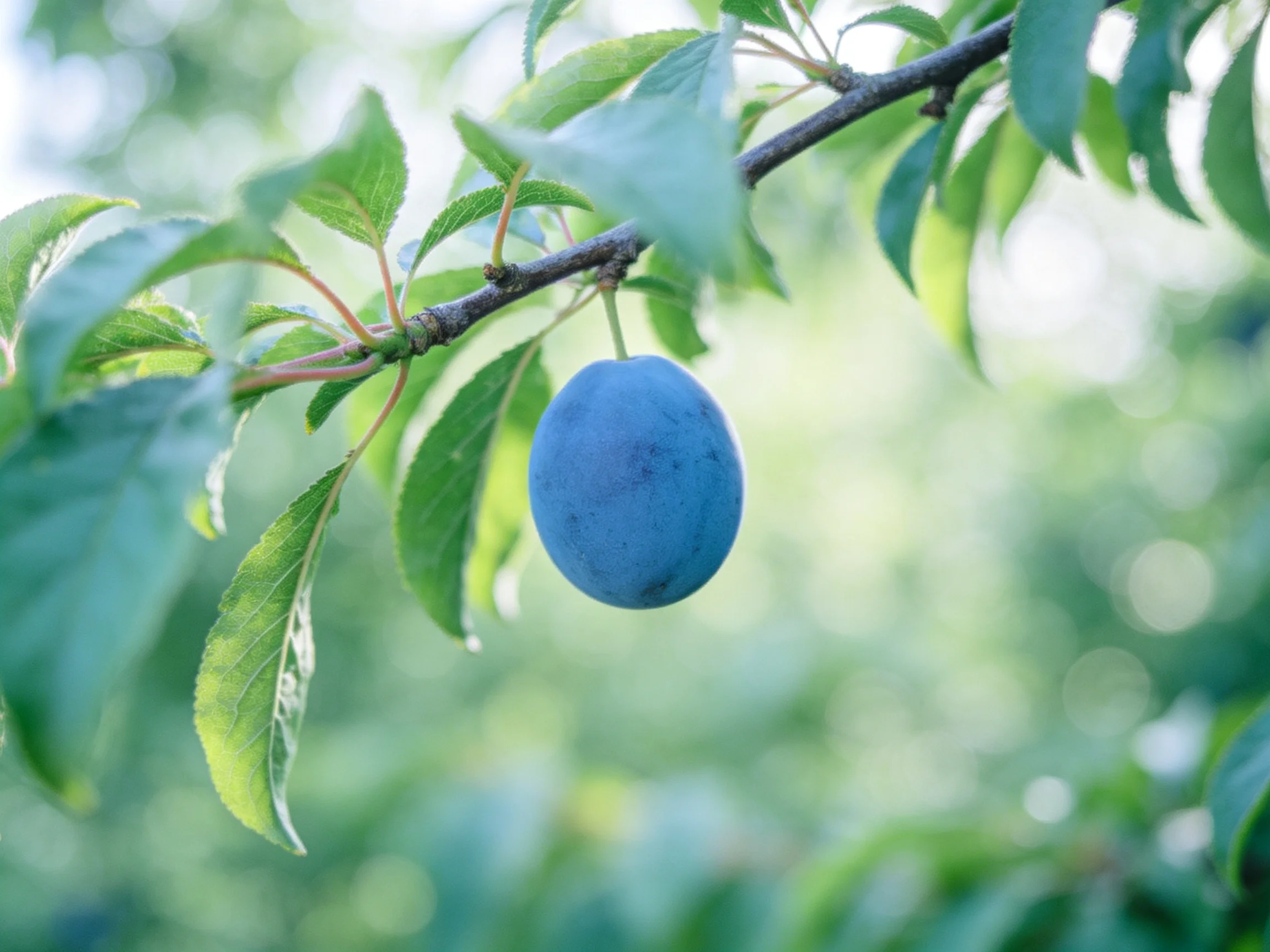 A single deep-blue plum hangs from a leafy tree branch