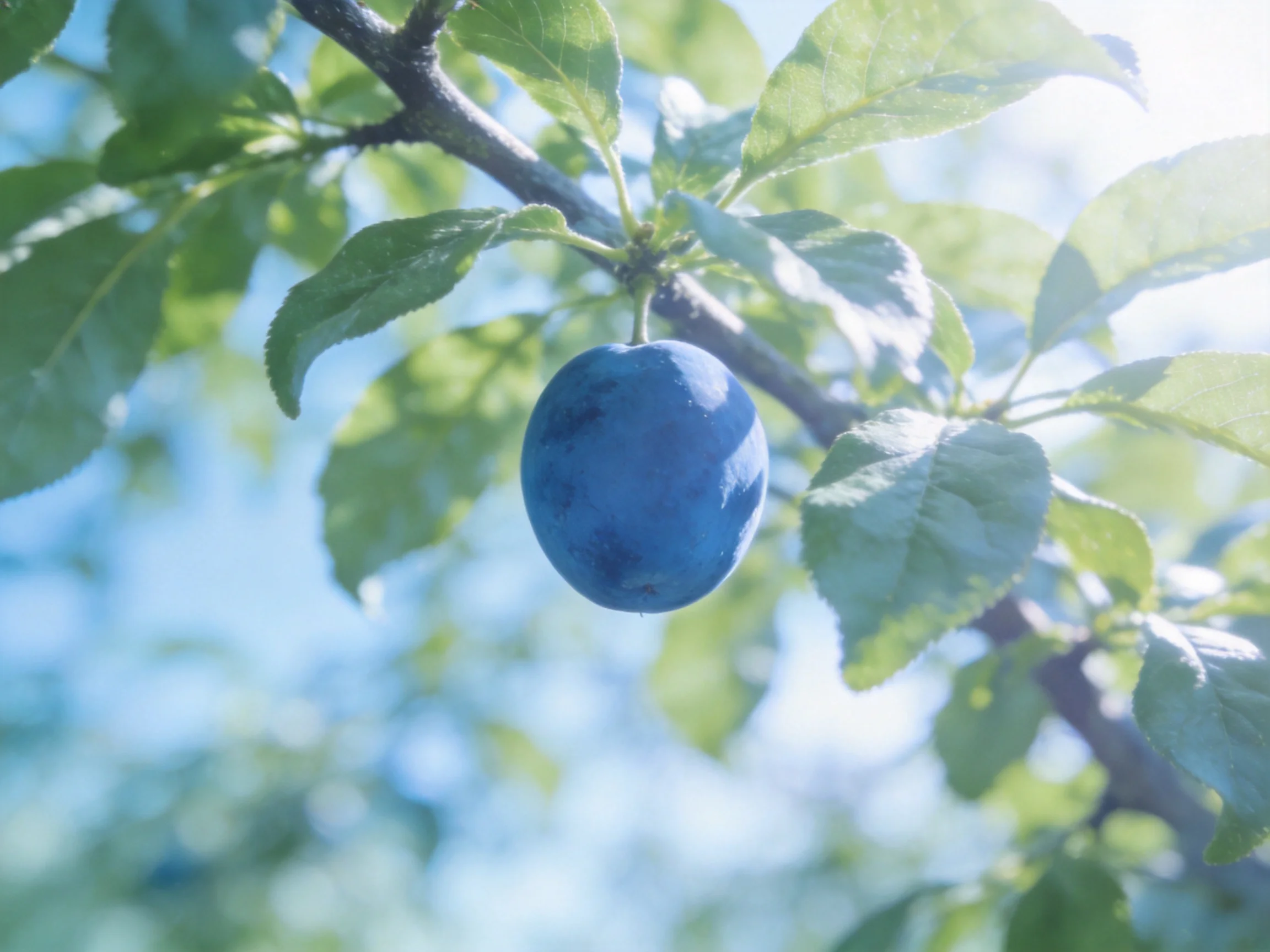 A single deep-blue plum hangs from a leafy tree branch in bright sunlight