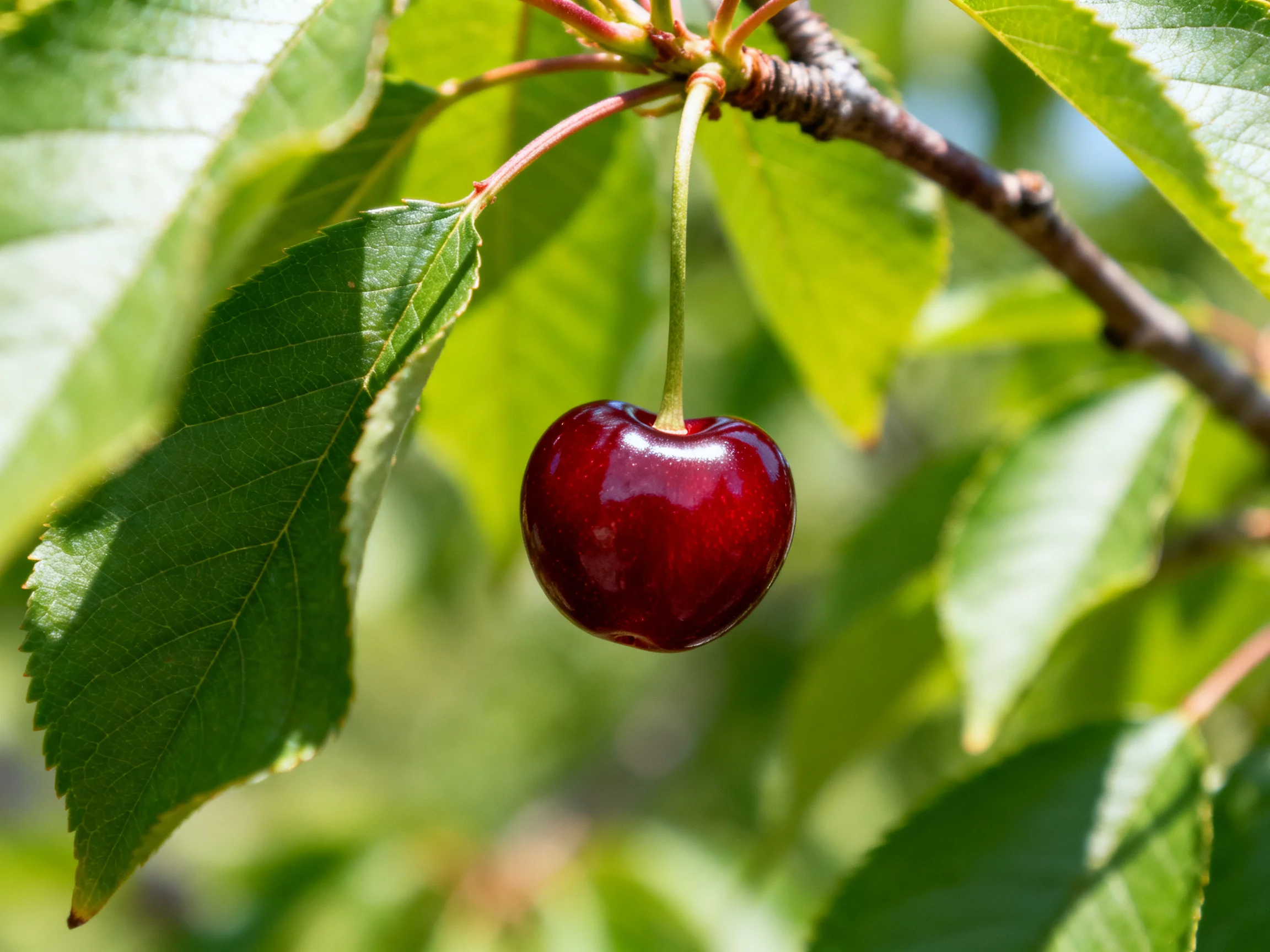 A single deep-red cherry hangs from a tree branch amid lush green foliage