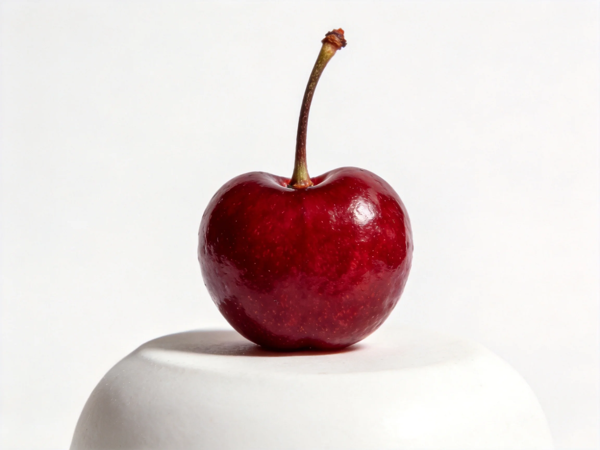 A single deep-red cherry sits atop a smooth white surface