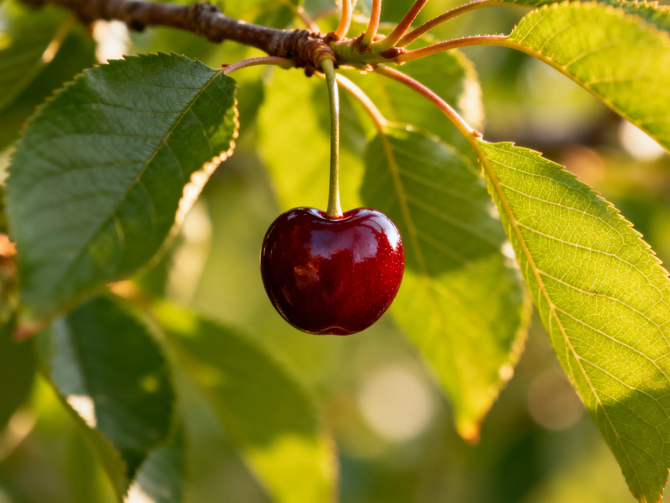 A single glossy dark red cherry hangs from a branch amid vibrant green leaves
