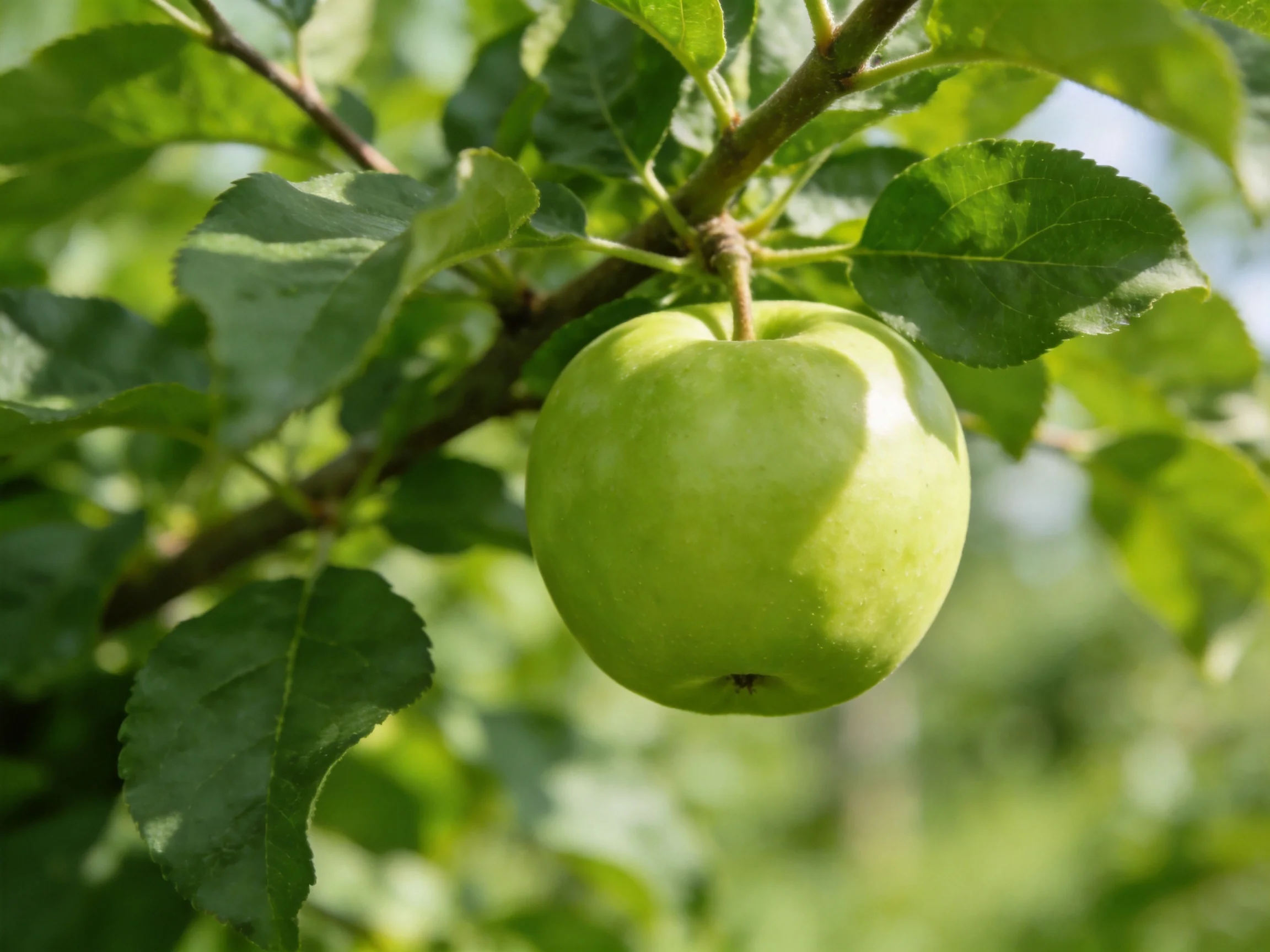 A single glossy green apple hangs from a leafy branch