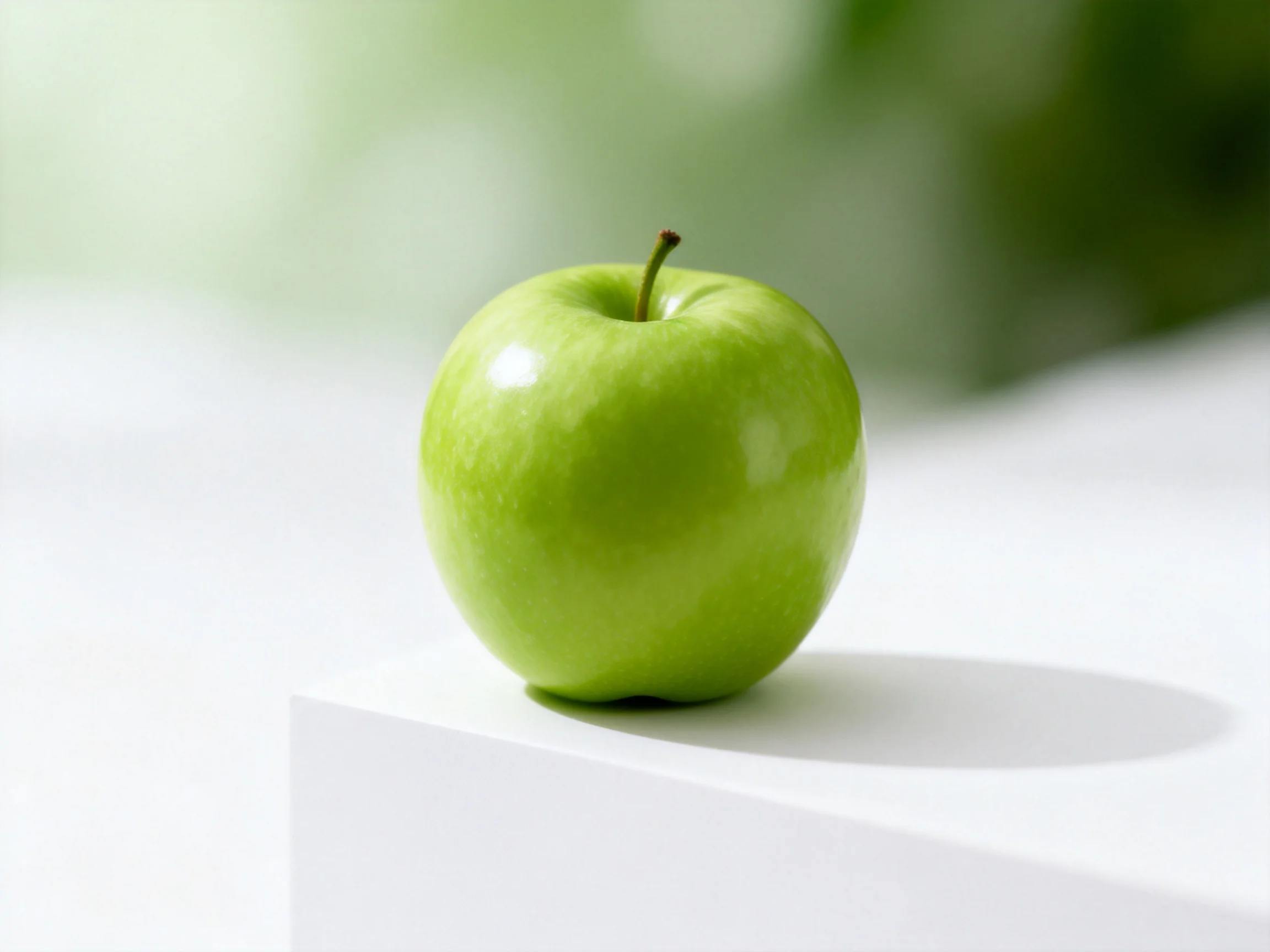 A single glossy green apple resting on a white surface