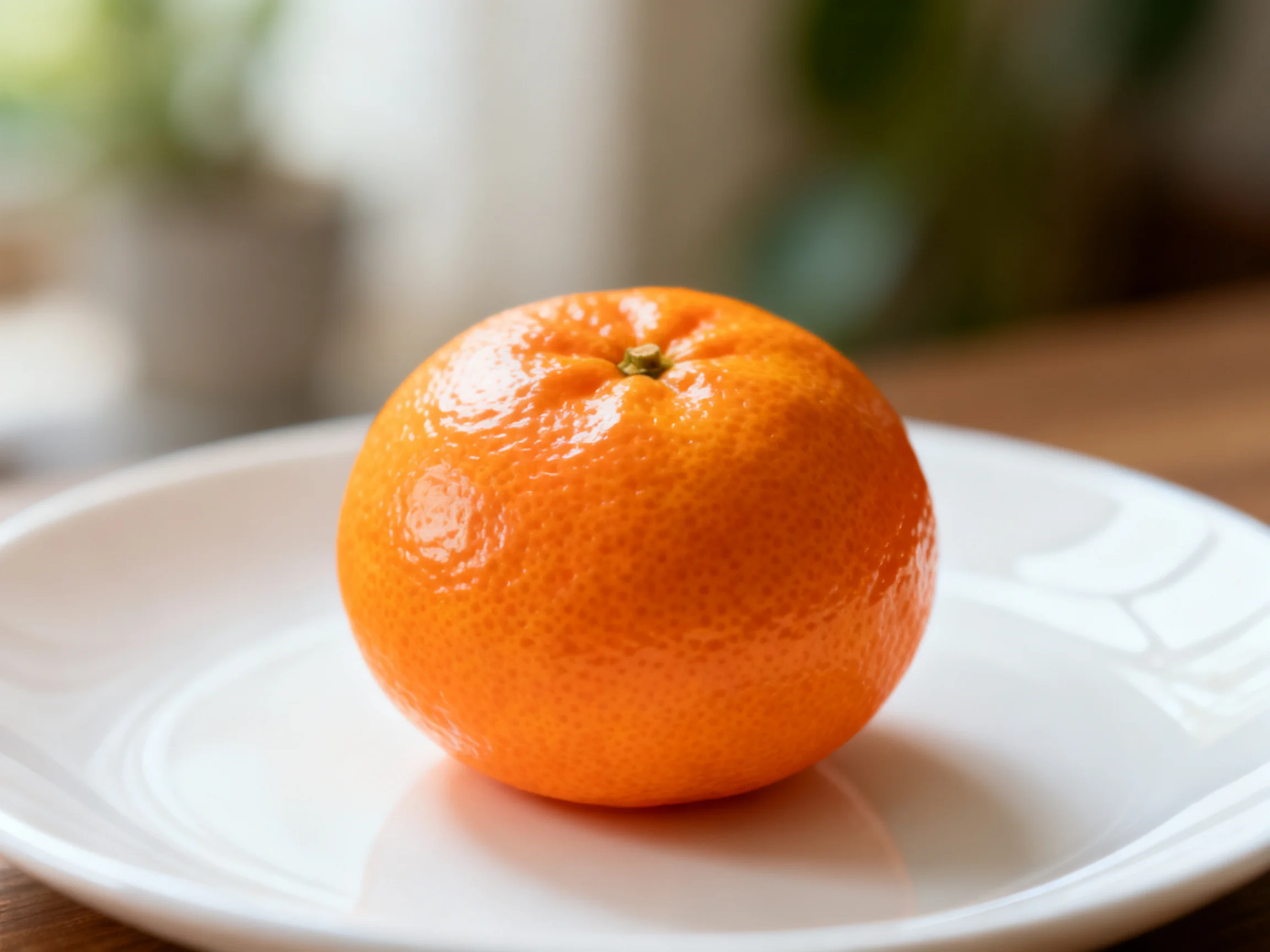 A single glossy orange fruit resting on a white plate