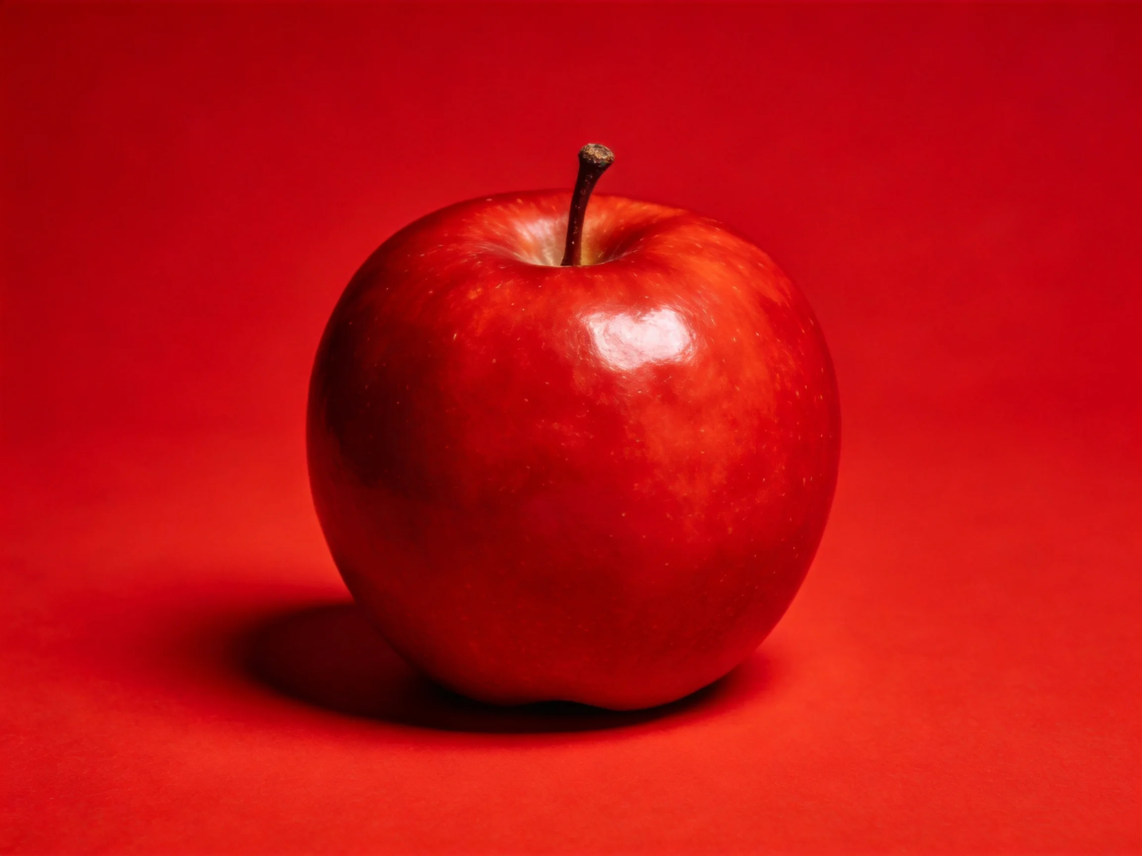A single glossy red apple centered on a solid red backdrop