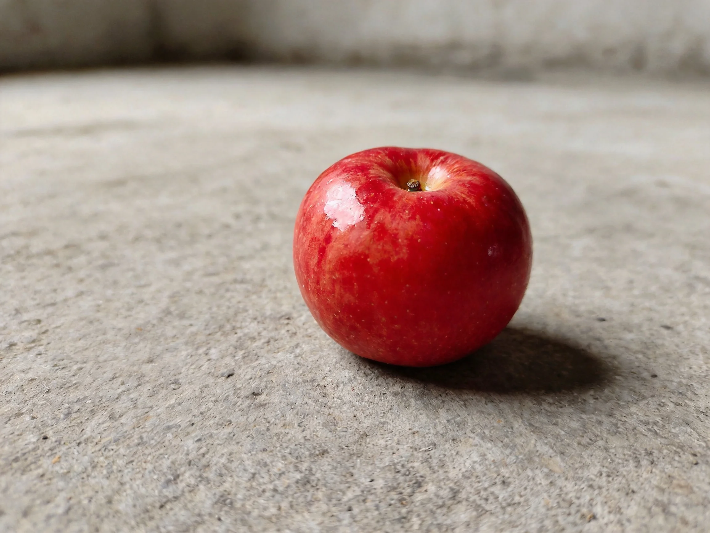 A single glossy red apple rests on a rough gray concrete surface