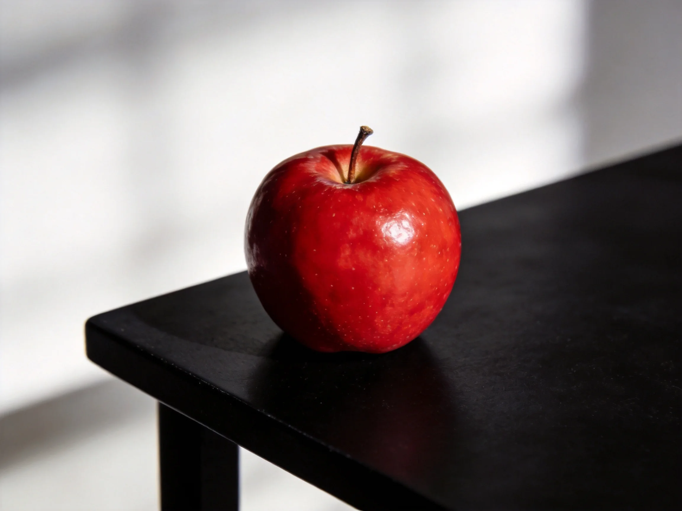 A single glossy red apple rests on a sleek black table.