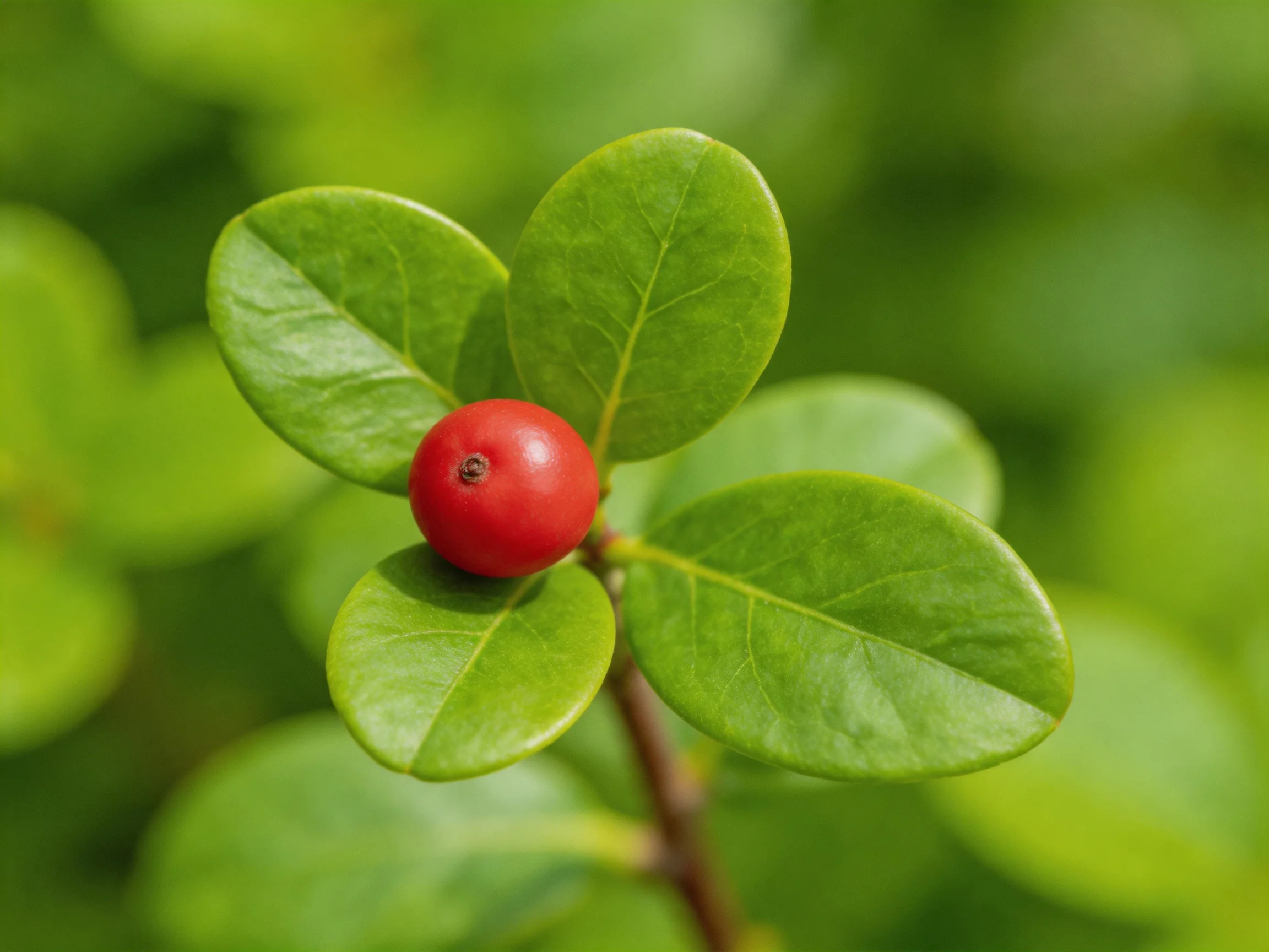 A single glossy red berry among four bright green leaves