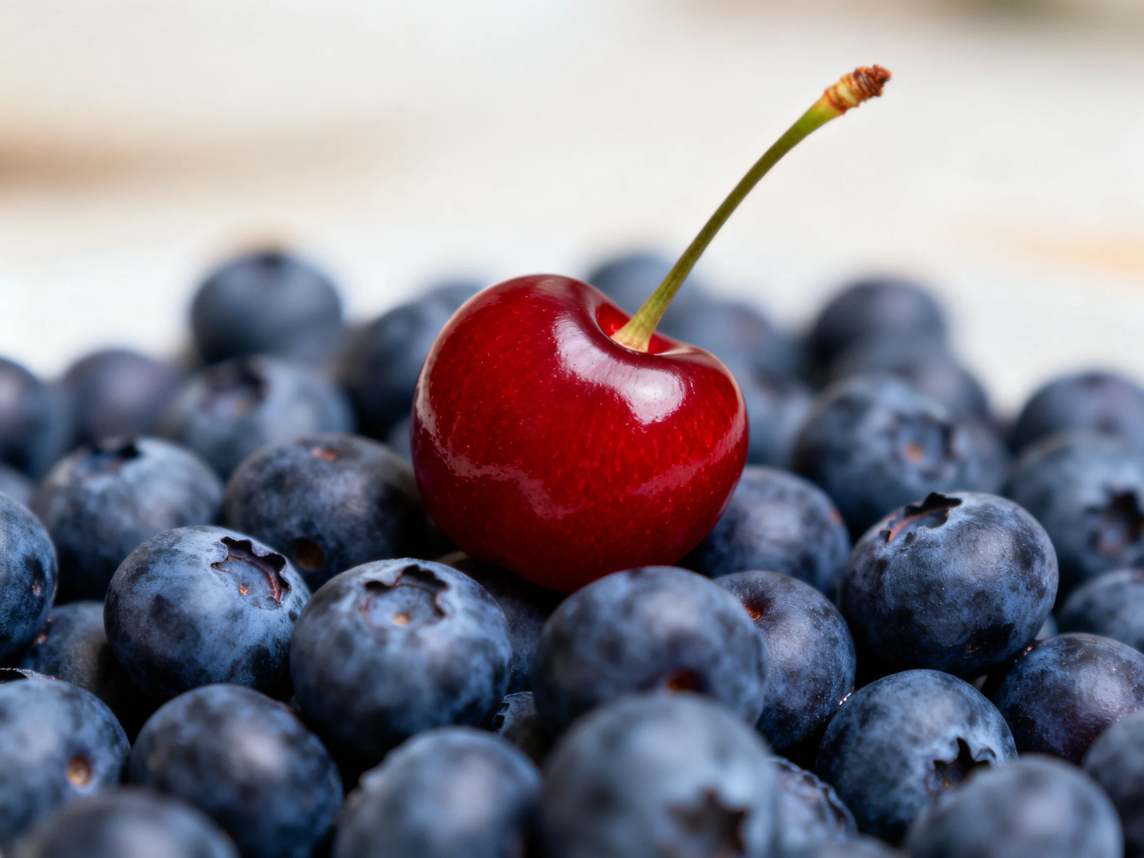 A single glossy red cherry atop numerous plump blueberries