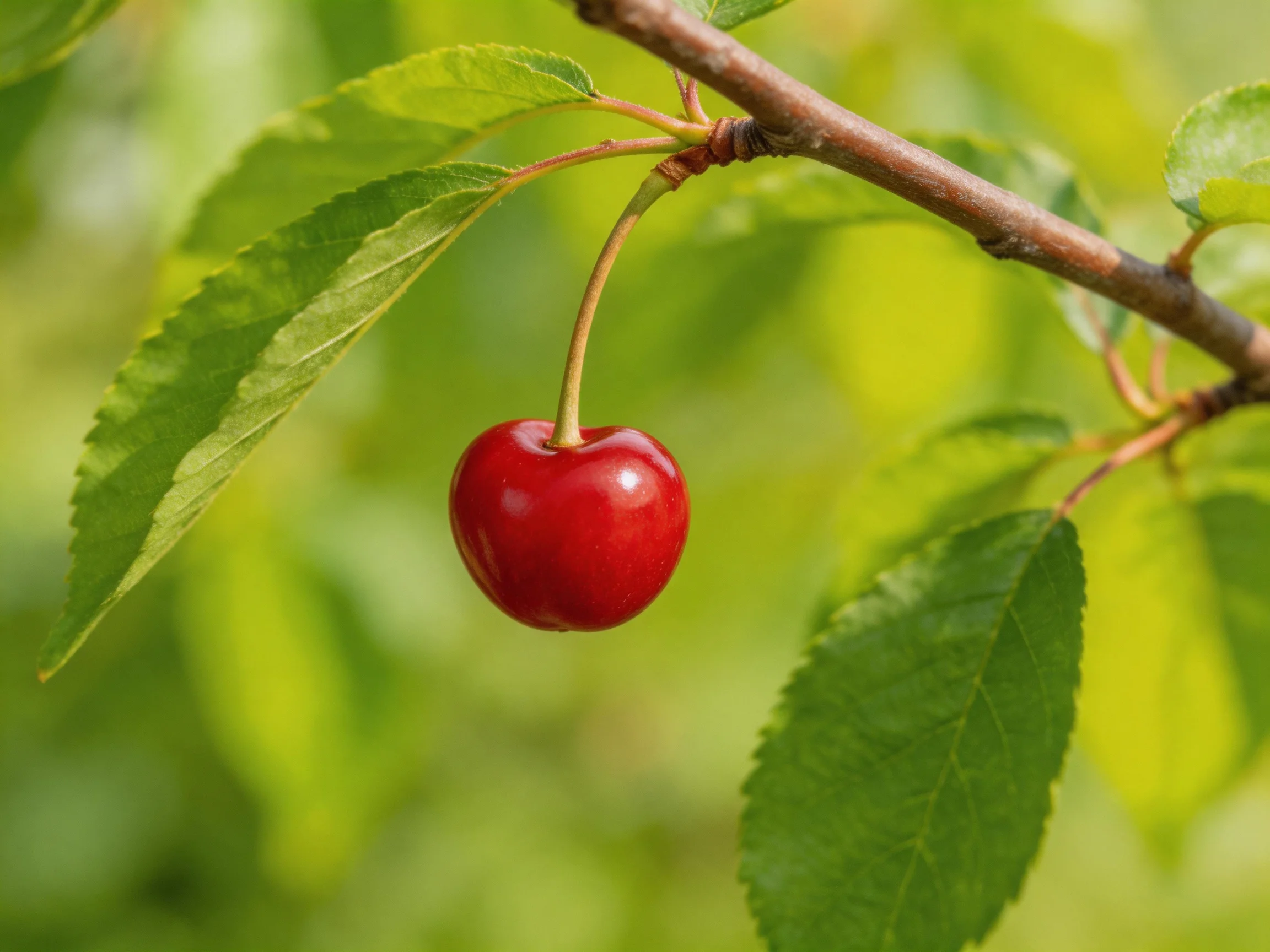 A single glossy red cherry hangs from a brown tree branch with green leaves