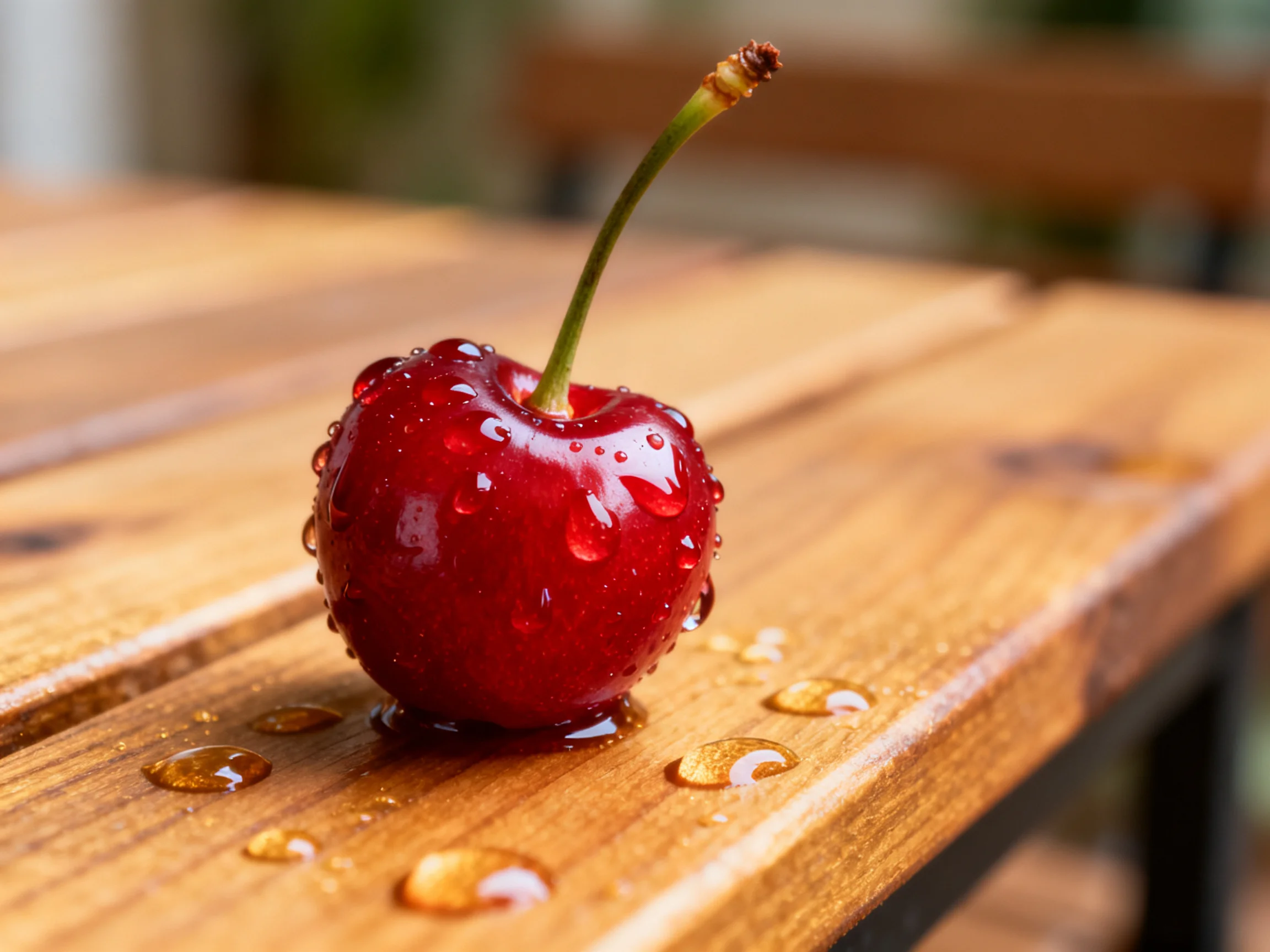 A single glossy red cherry with water droplets on a wooden table
