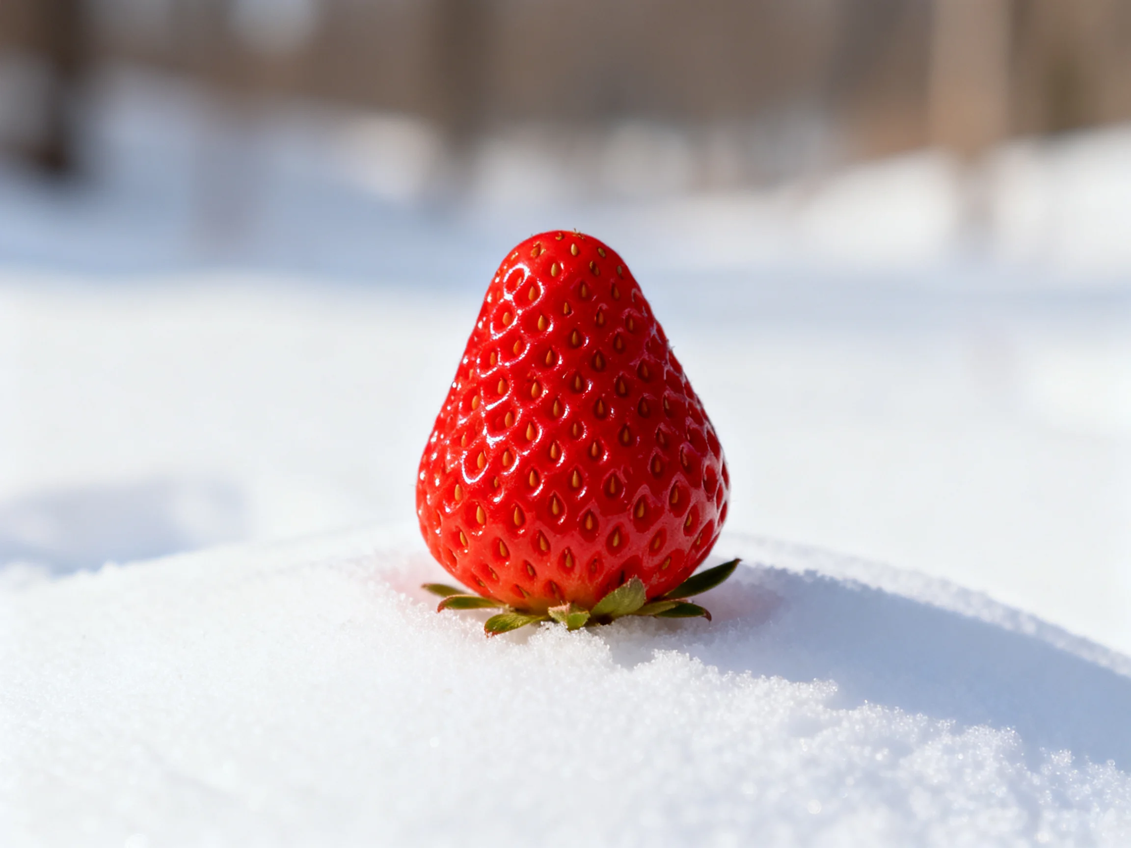 A single glossy red strawberry resting on snow