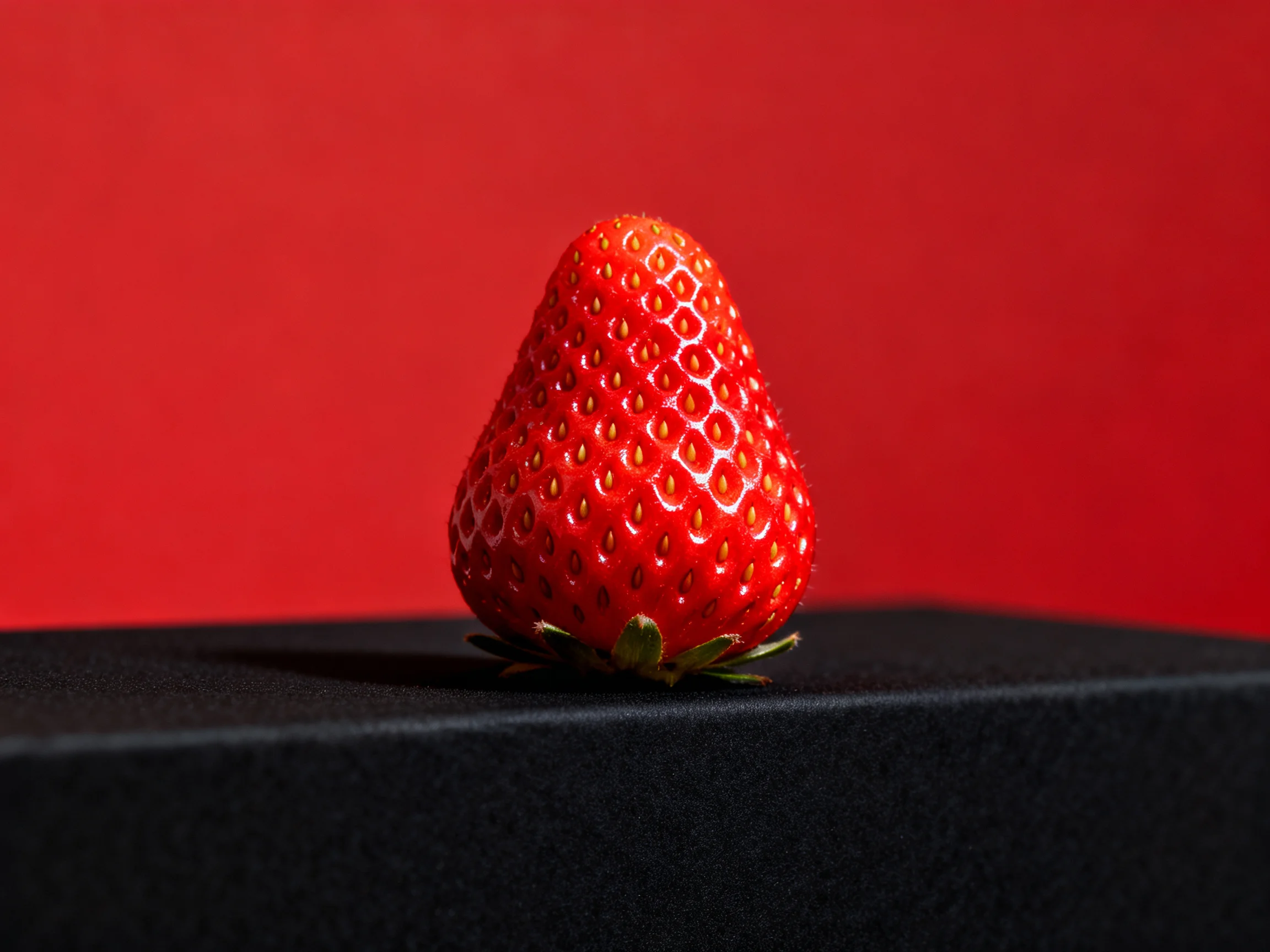 A single glossy strawberry rests on a matte black surface against a solid red backdrop