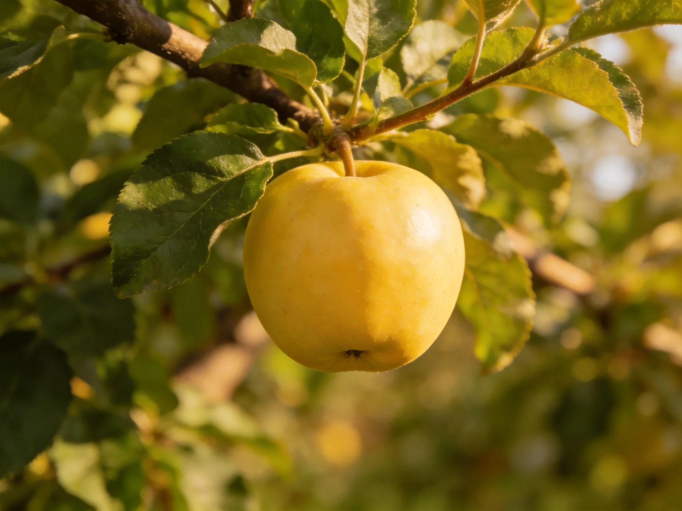 A single golden apple hangs from a leafy tree branch