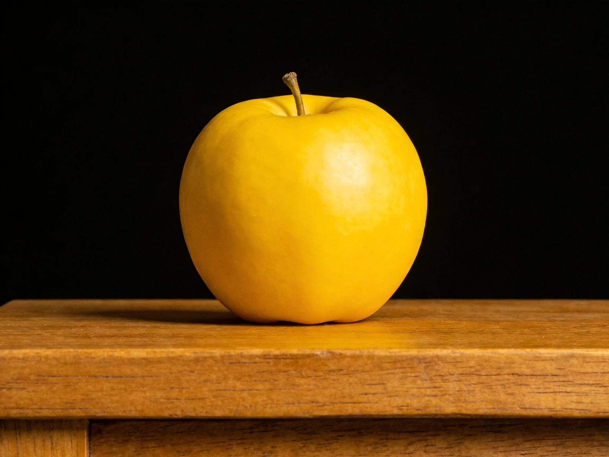 A single golden apple rests on a wooden table with a black backdrop
