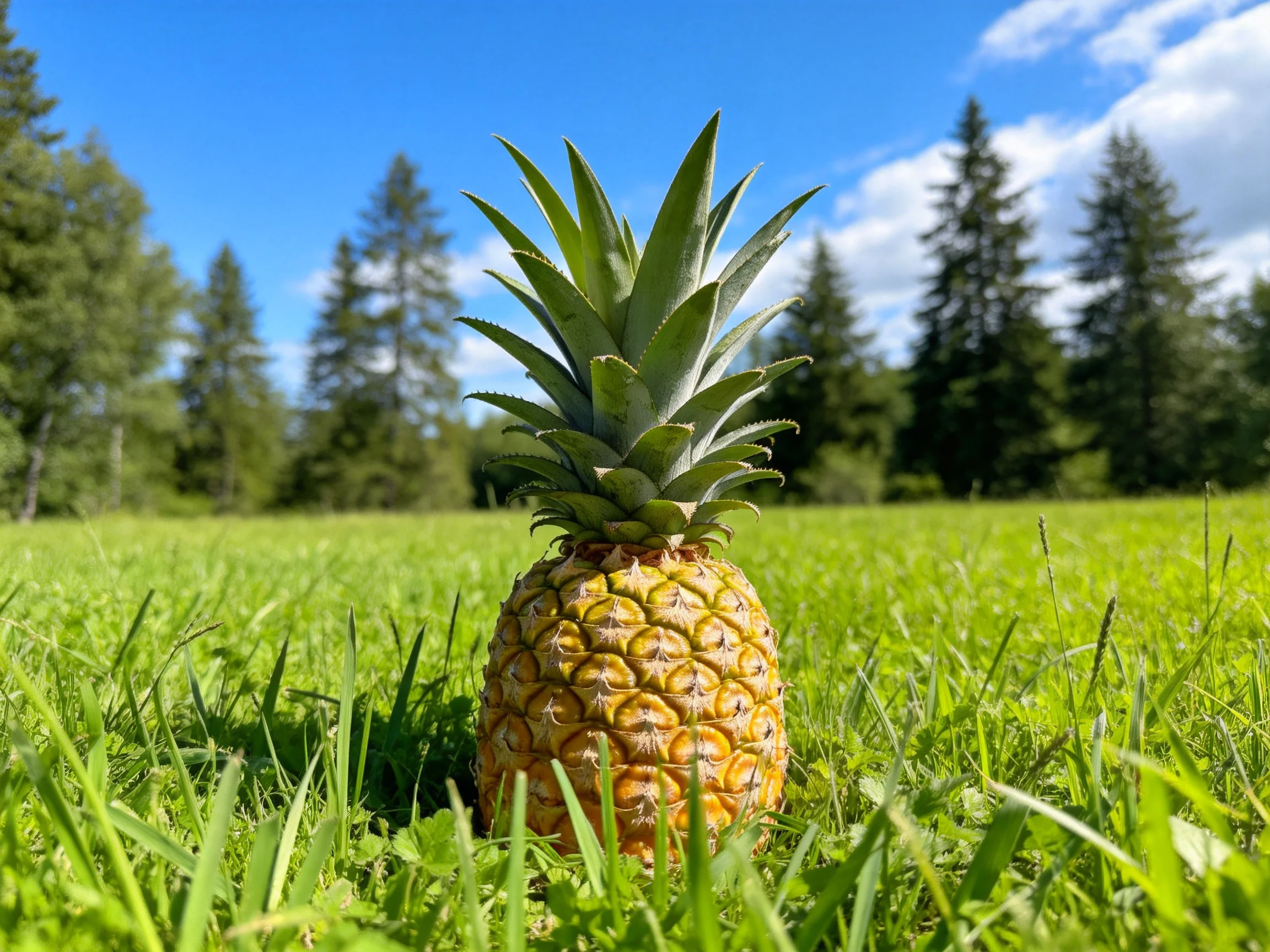 A single golden-brown pineapple sits in a field of tall green grass under a bright blue sky
