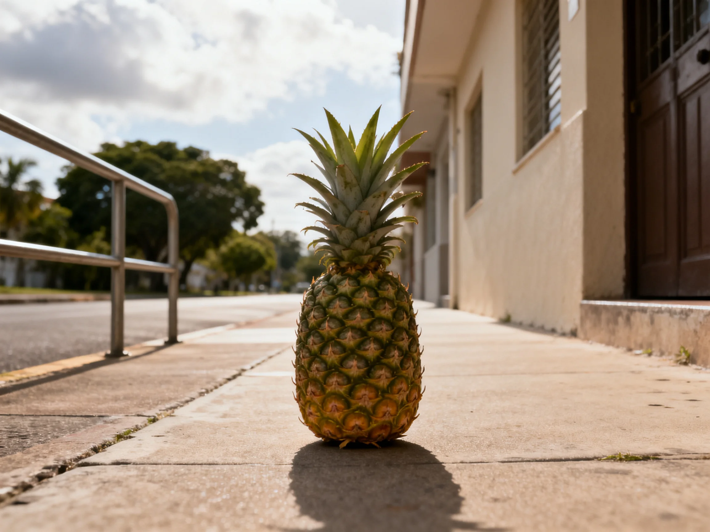 A single golden-brown pineapple sits on a sunlit sidewalk near a building