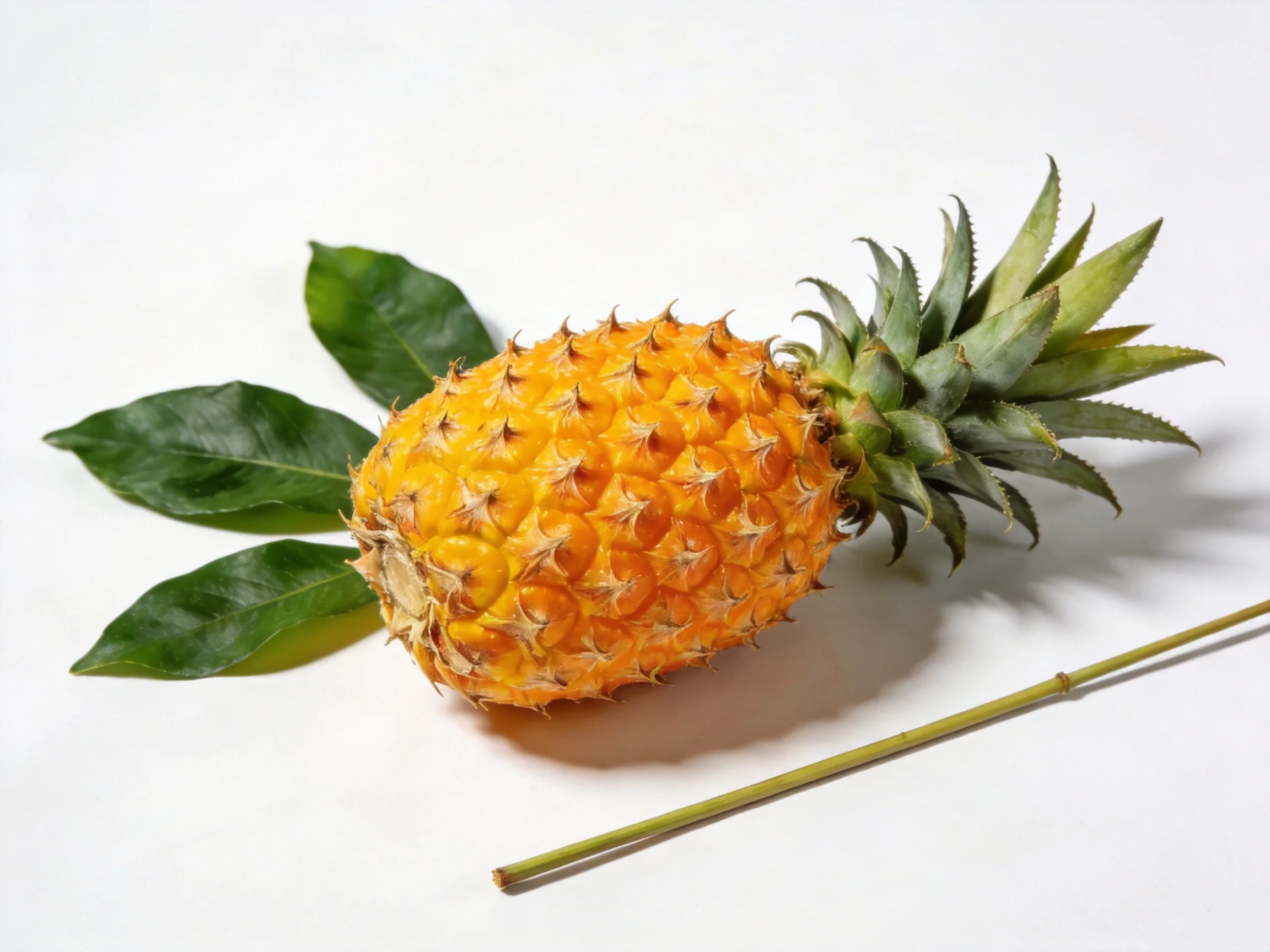 A single golden pineapple with dark green leaves on a white surface